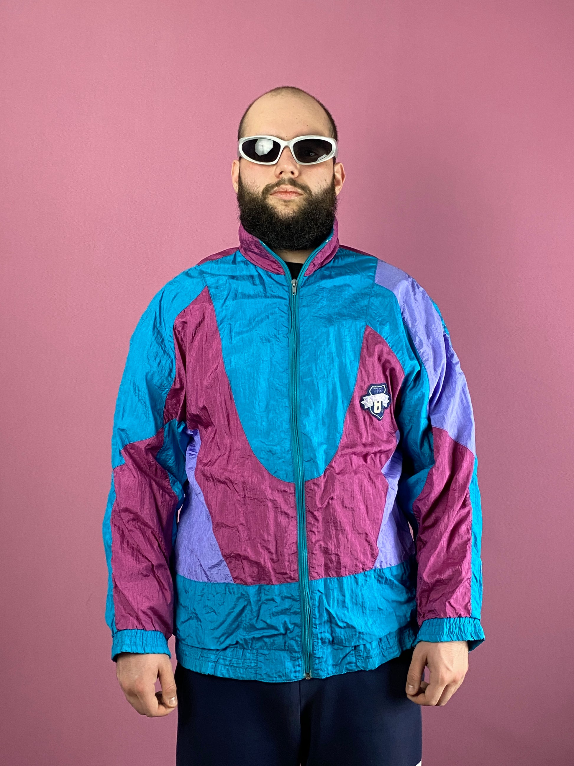 90s Vintage Men's Windbreaker Jacket - L Blue & Pink Nylon