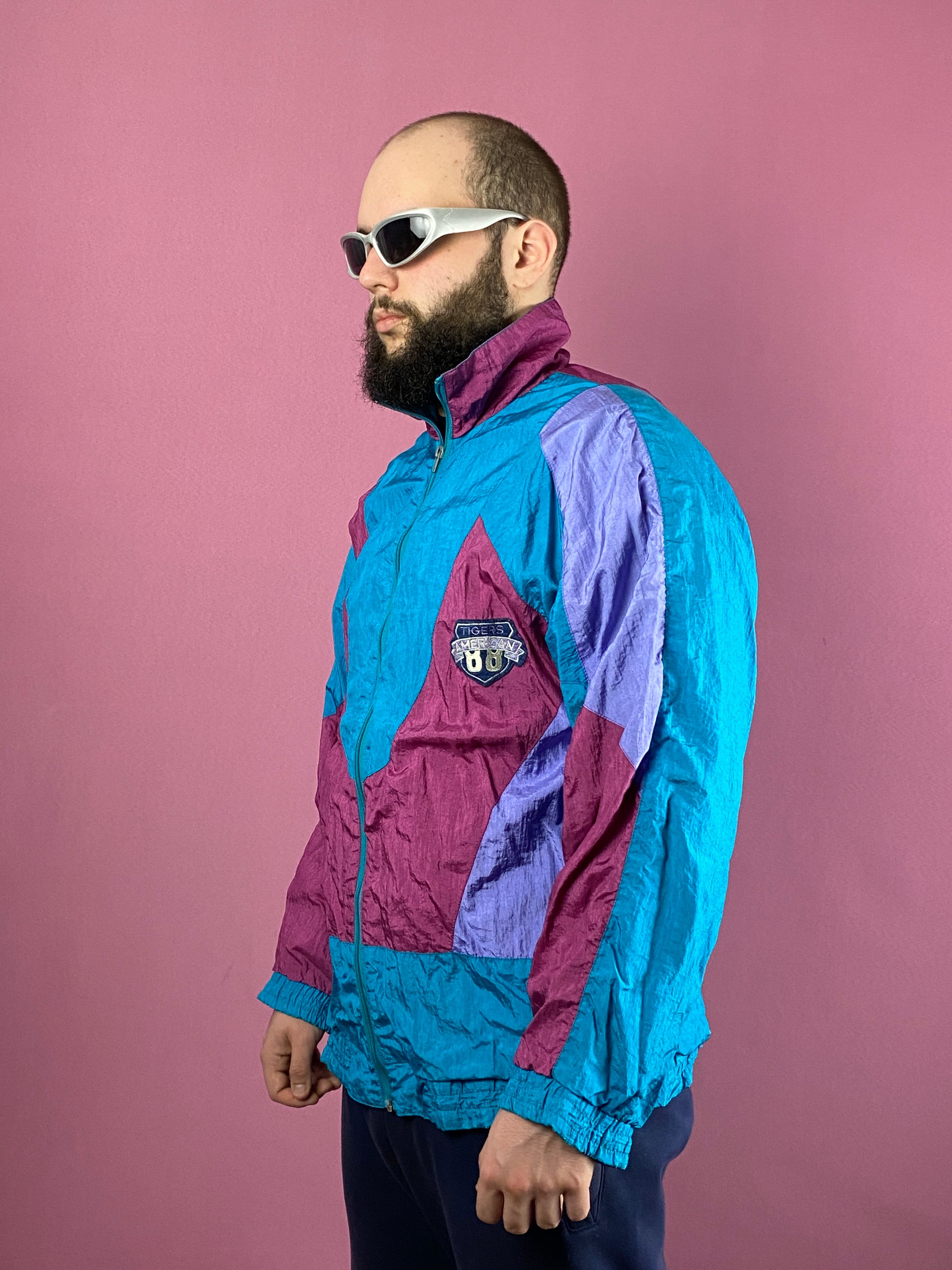 90s Vintage Men's Windbreaker Jacket - L Blue & Pink Nylon