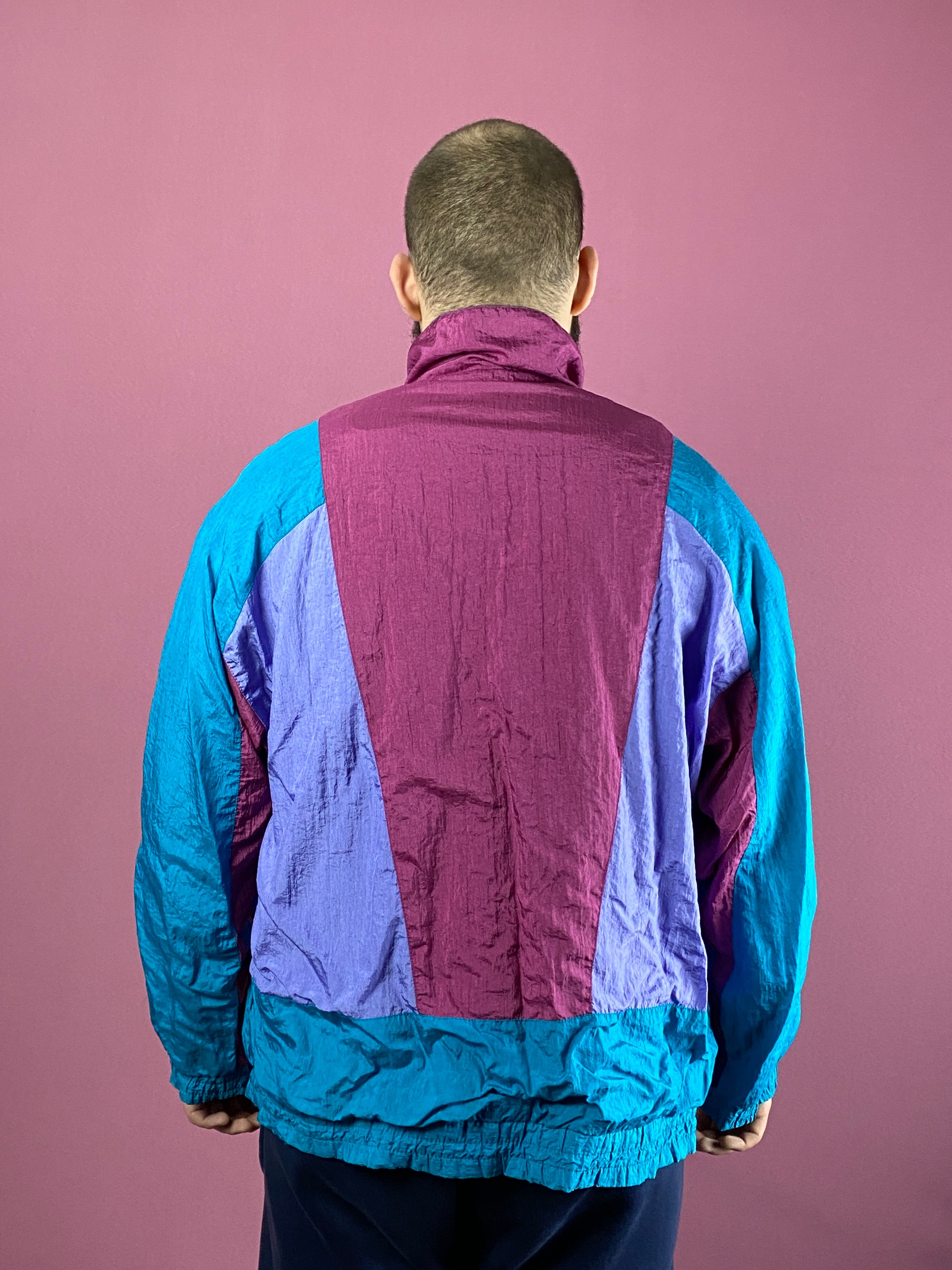 90s Vintage Men's Windbreaker Jacket - L Blue & Pink Nylon