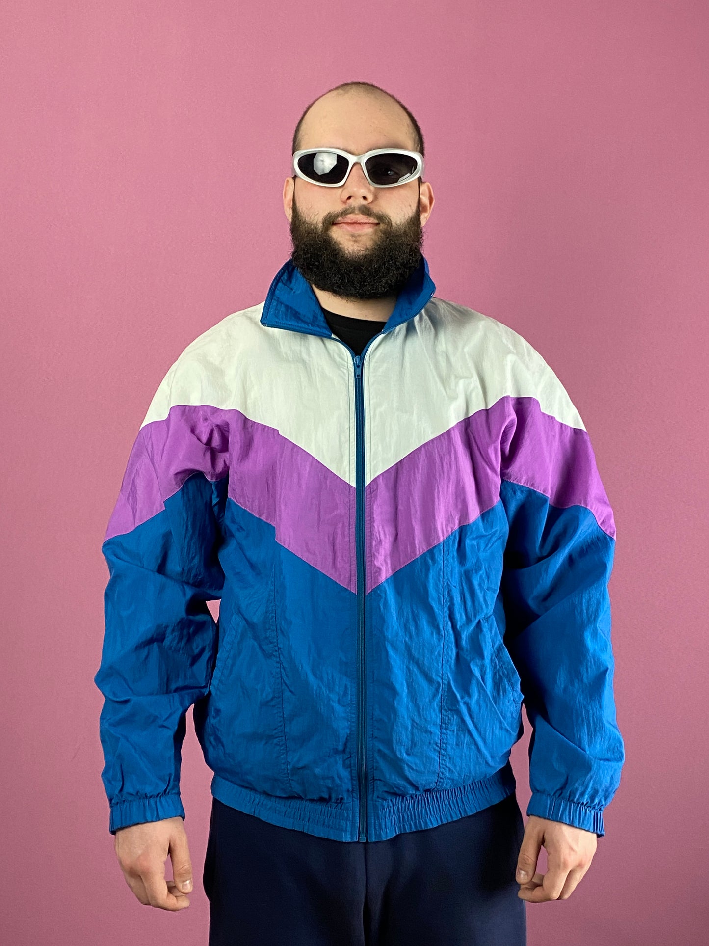 90s Vintage Men's Windbreaker Jacket - L Blue & White Nylon