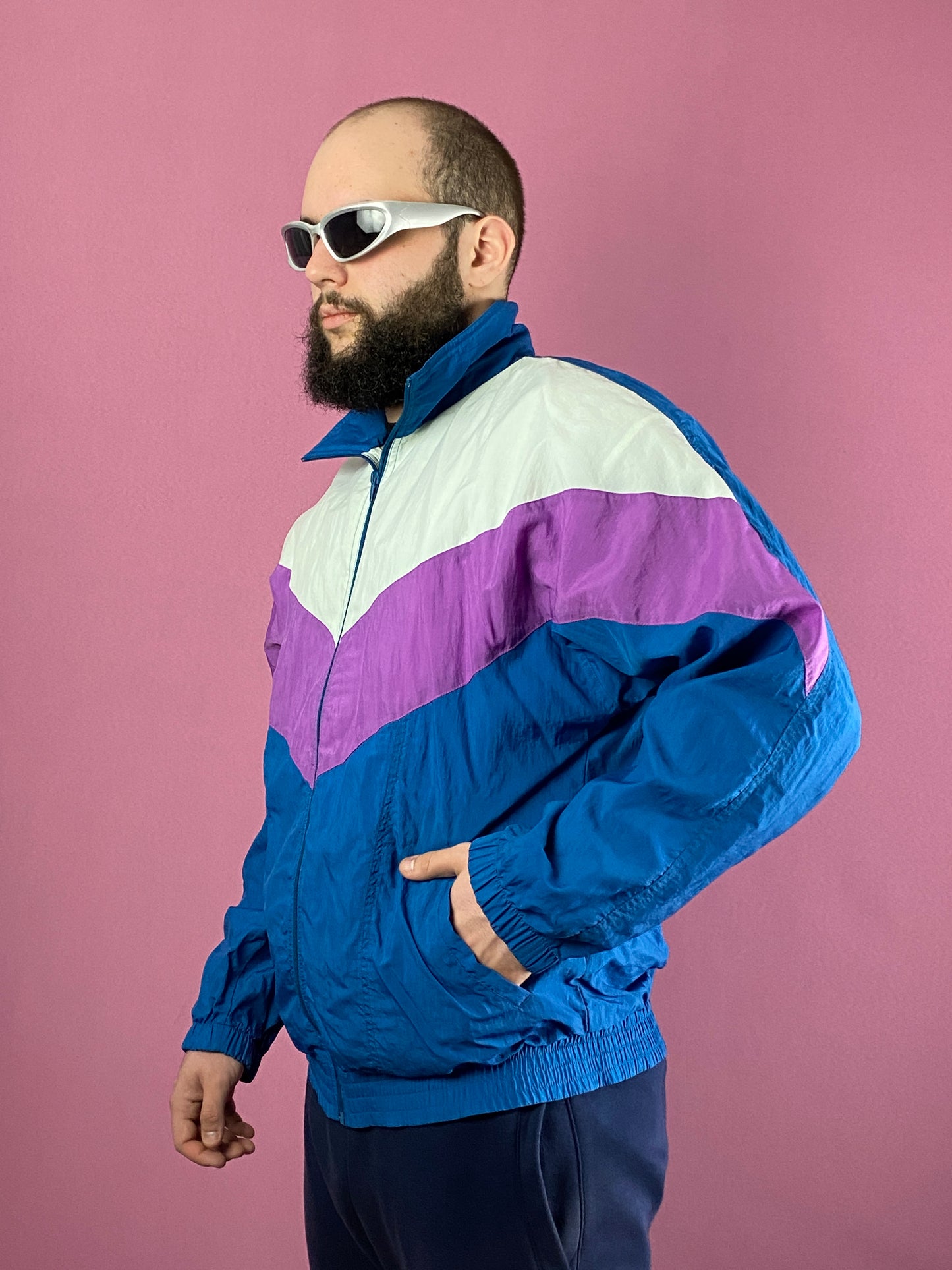 90s Vintage Men's Windbreaker Jacket - L Blue & White Nylon