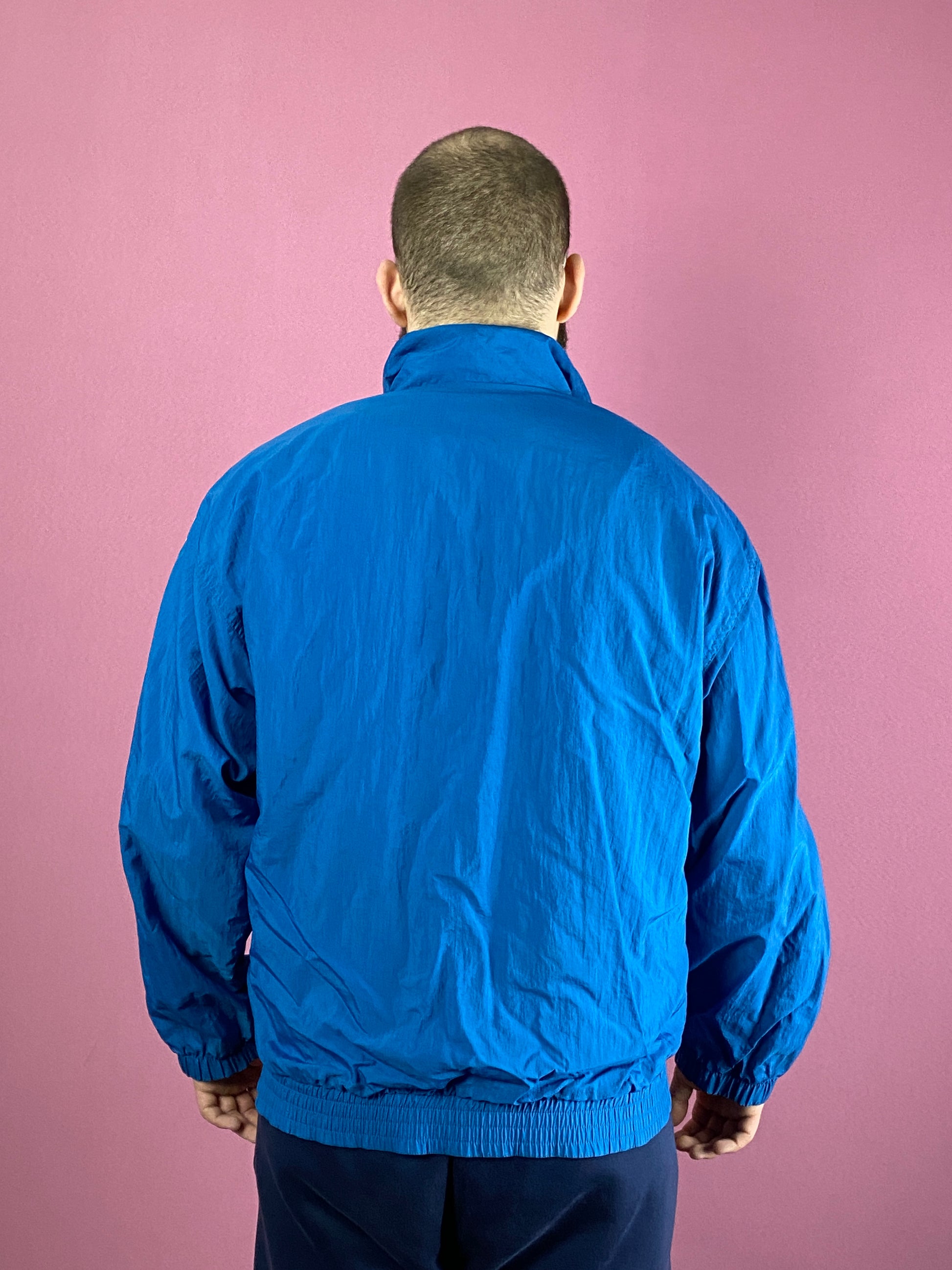 90s Vintage Men's Windbreaker Jacket - L Blue & White Nylon