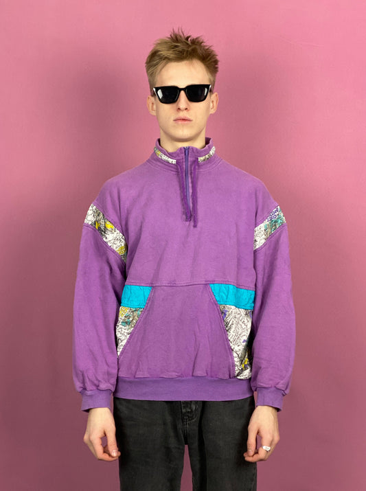90s Vintage Men's 1/4 Zip Sweatshirt - Medium Purple Cotton