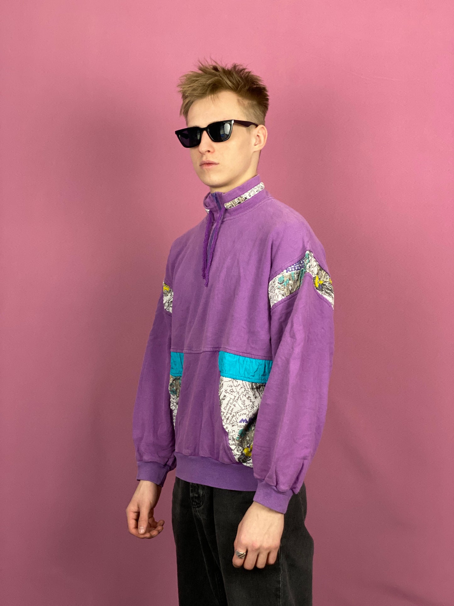 90s Vintage Men's 1/4 Zip Sweatshirt - Medium Purple Cotton