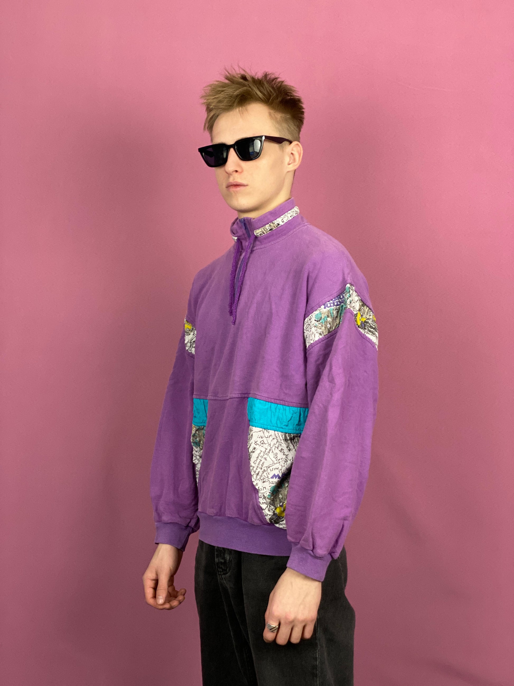 90s Vintage Men's 1/4 Zip Sweatshirt - Medium Purple Cotton