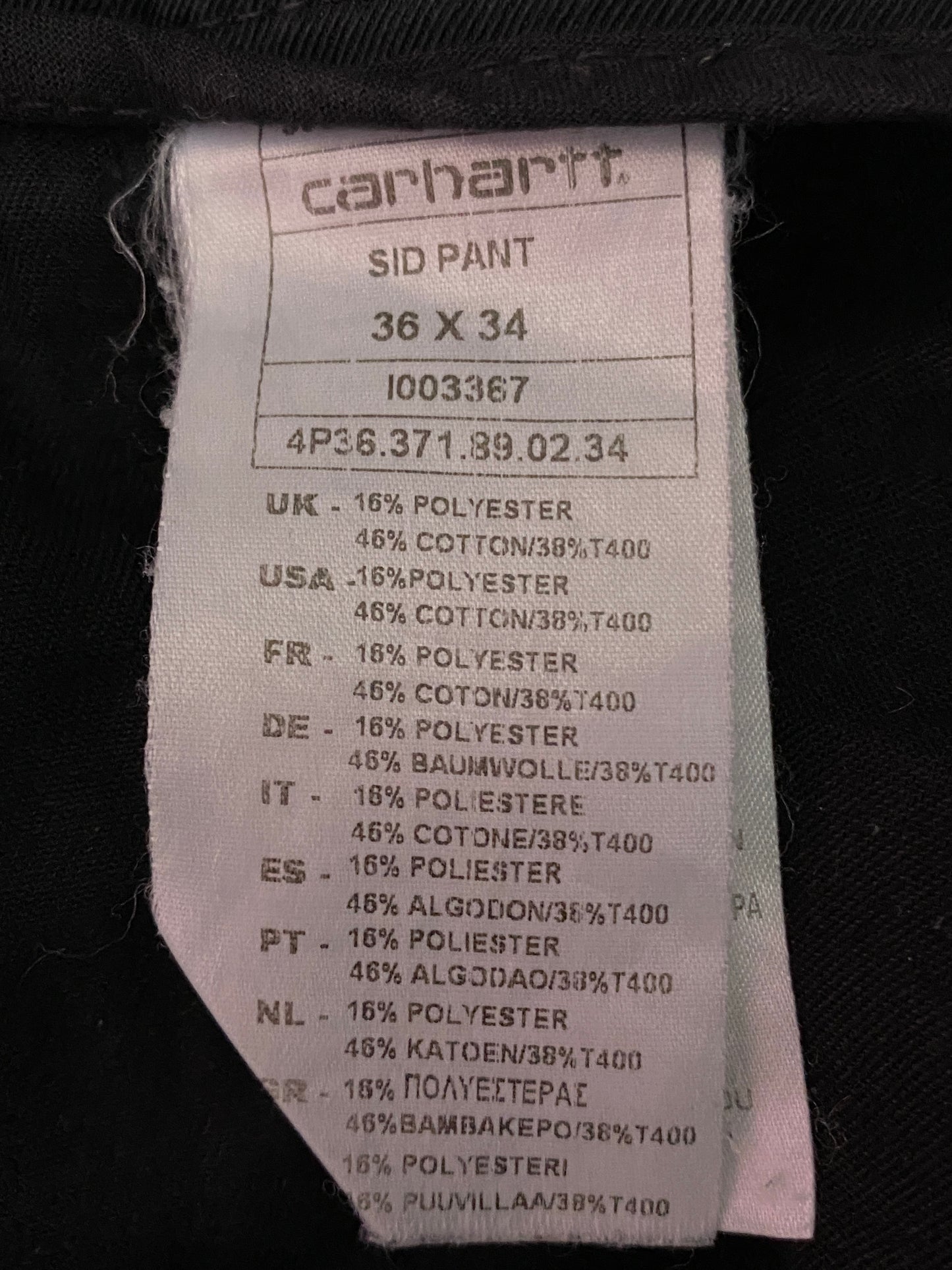 Carhartt Sid Pant Vintage Men's Pants - 36 Black Cotton Blend