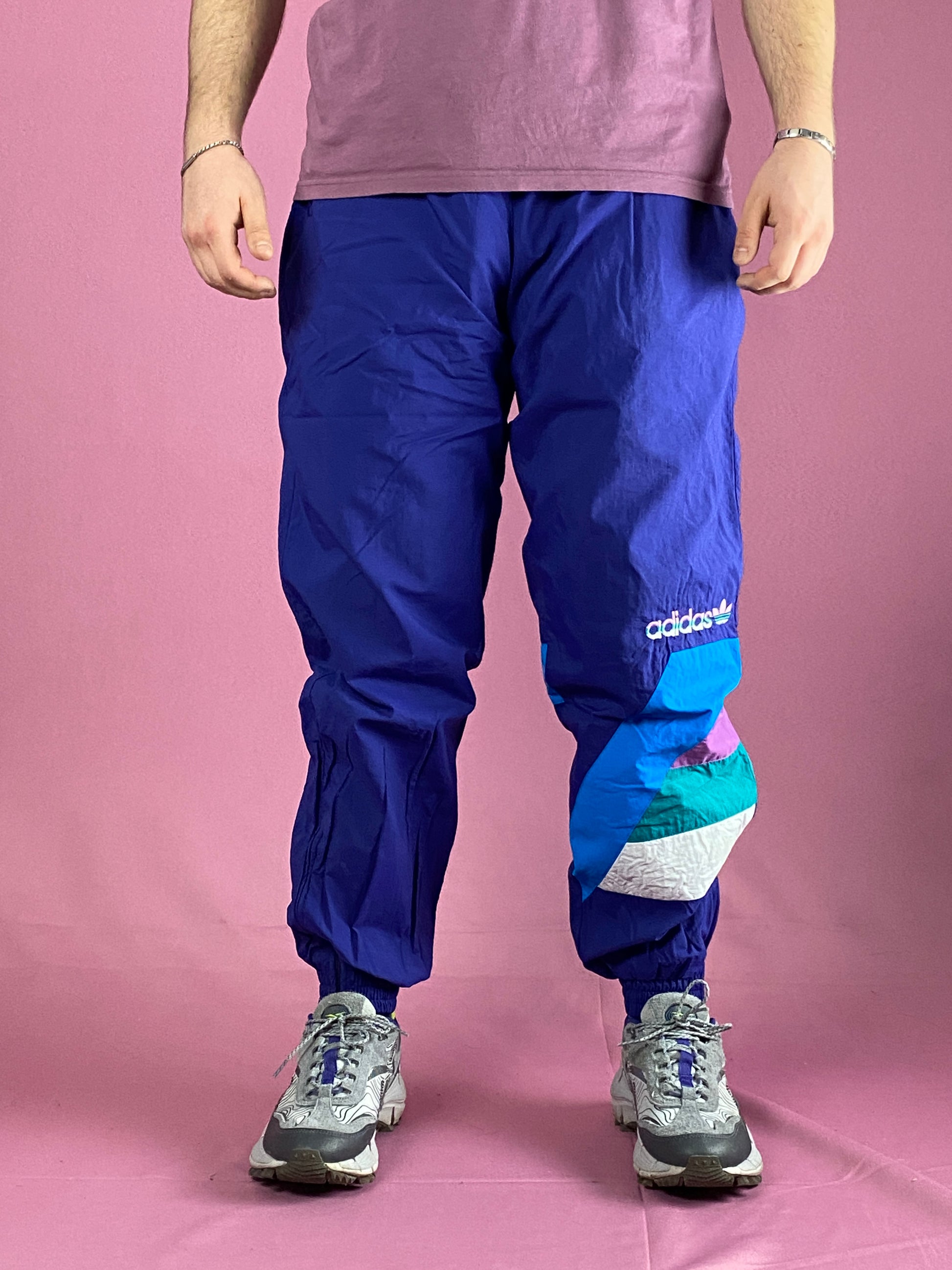 80s Adidas Vintage Men's Tracksuit Pants - XL Blue Nylon