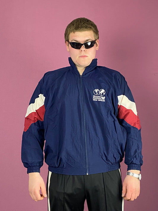 90s Vintage Men's Windbreaker Jacket - XL Navy Blue Nylon