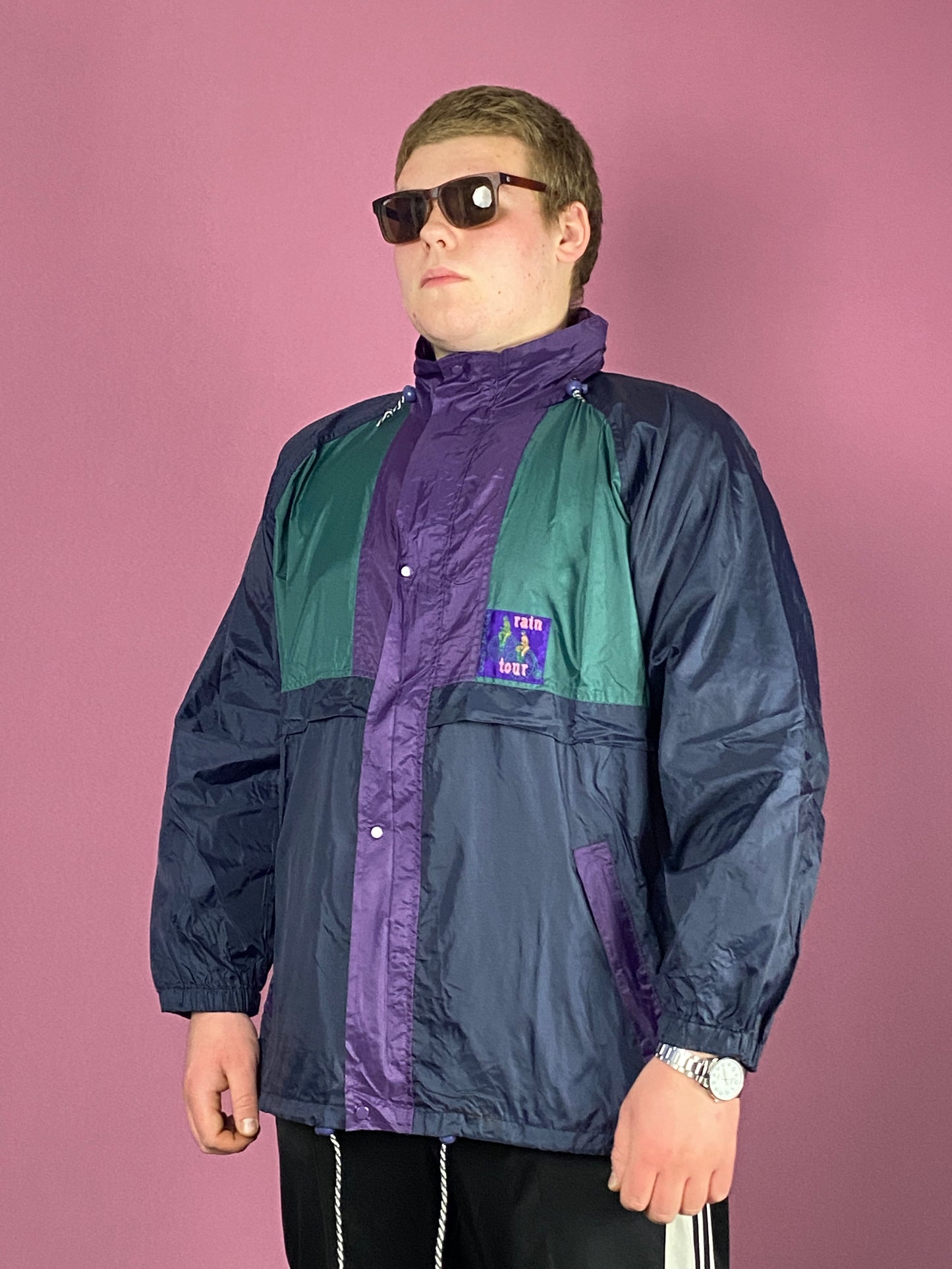 90s Vintage Men's Rain Jacket - XL Navy Blue Nylon