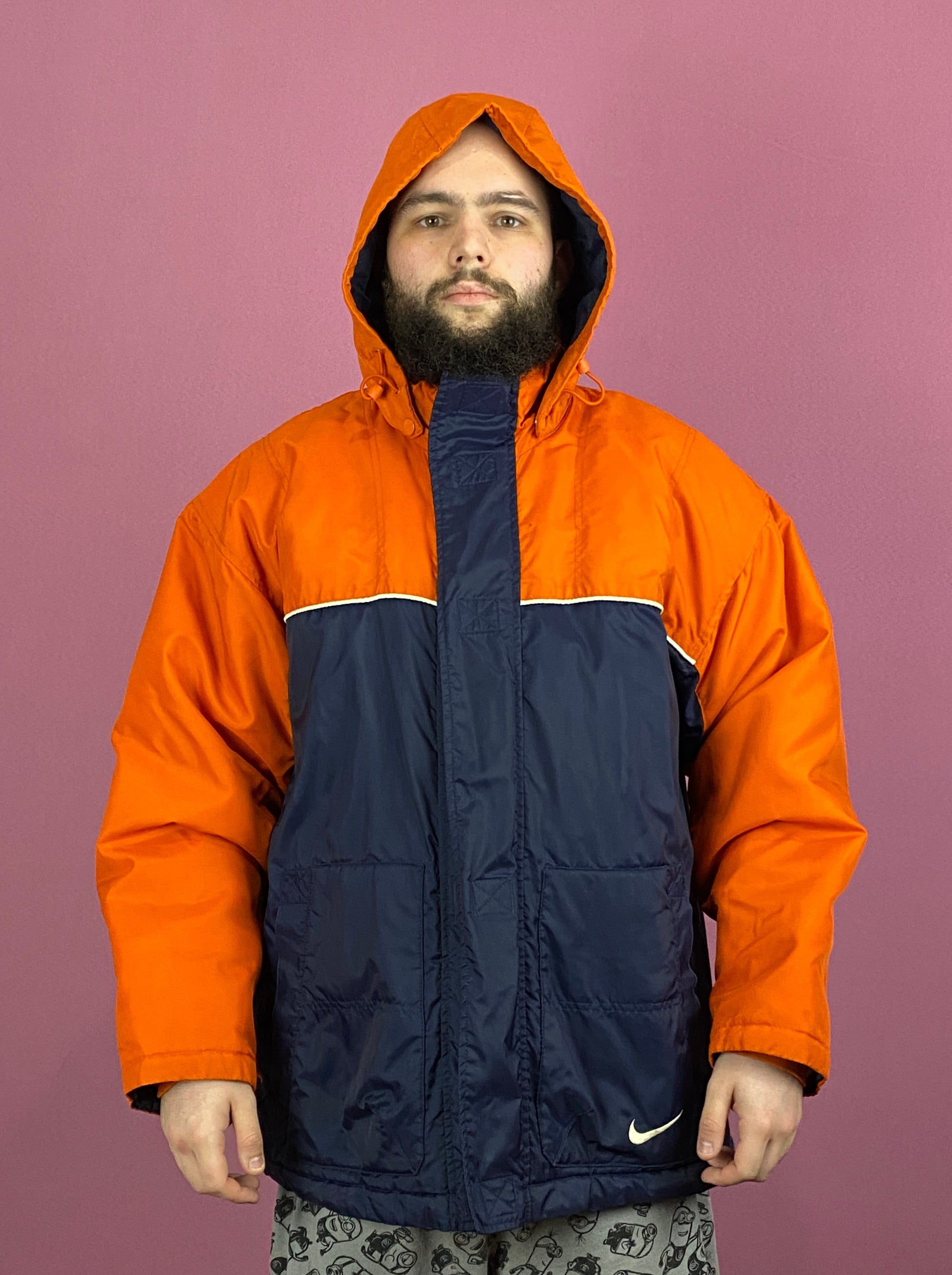 90s Nike Vintage Men's Hooded Jacket - L Navy Blue & Orange Polyester