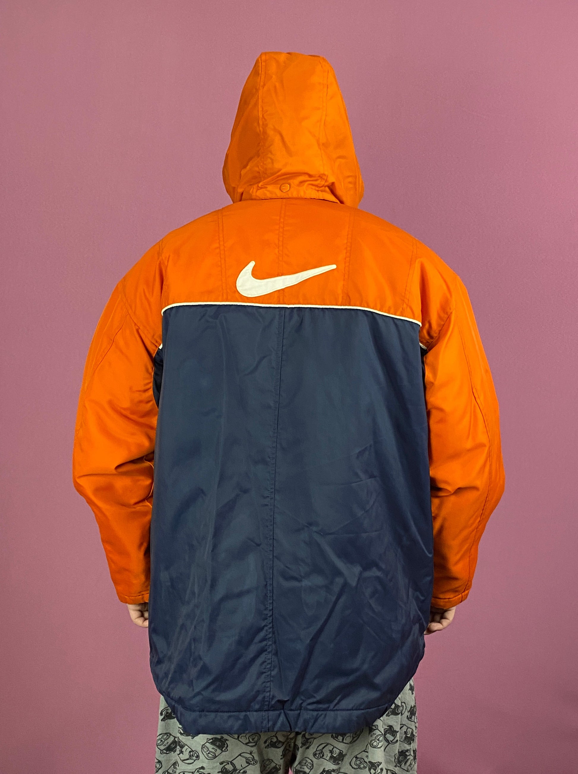 90s Nike Vintage Men's Hooded Jacket - L Navy Blue & Orange Polyester