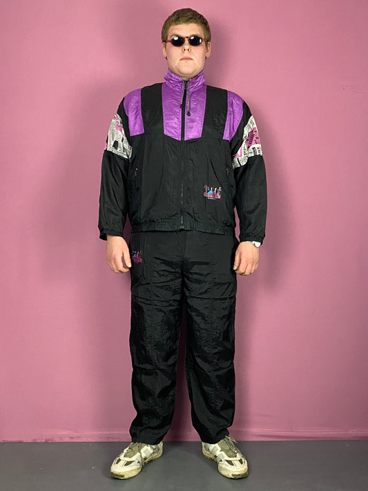 90s Vintage Men's Track Suit Set - XL Black Nylon