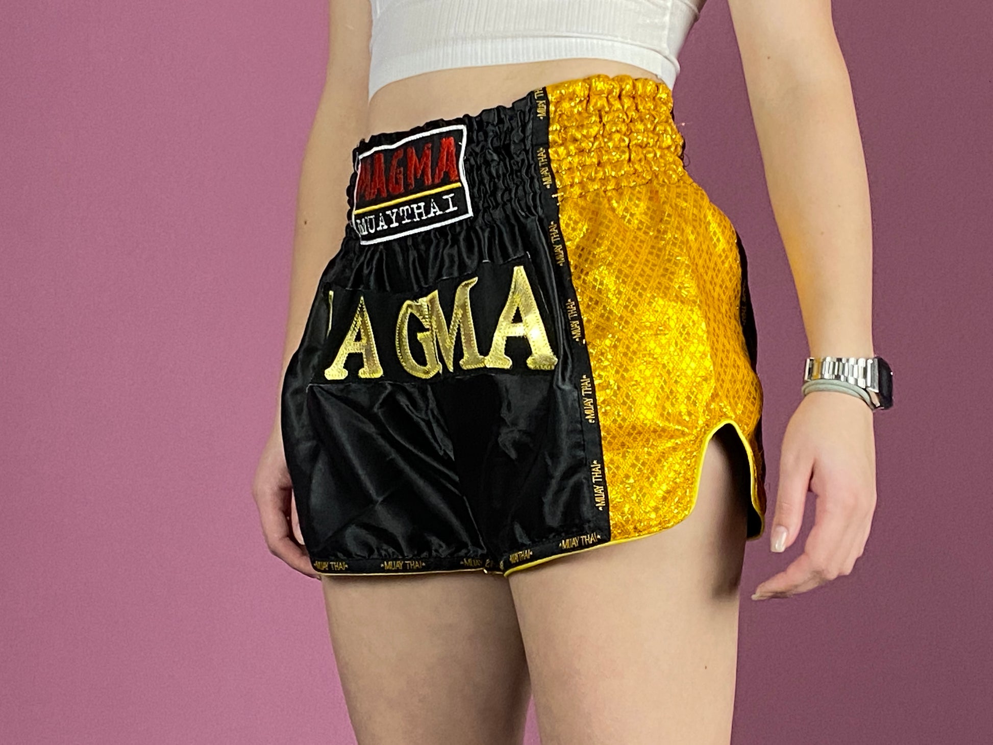Magma Vintage Women's Muay Thai Boxing Shorts - Medium Black & Yellow