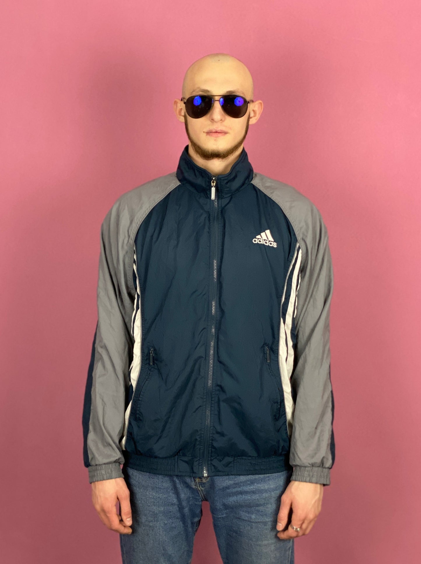 90s Adidas Vintage Men's Windbreaker Jacket - L Gray Polyester