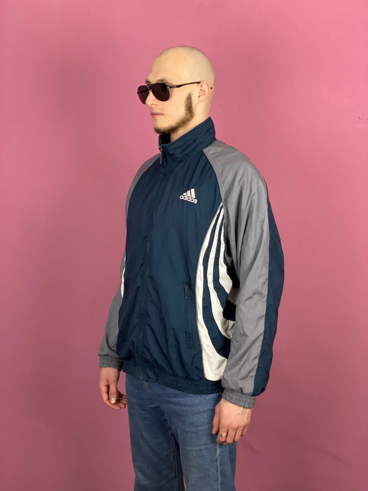 90s Adidas Vintage Men's Windbreaker Jacket - L Gray Polyester