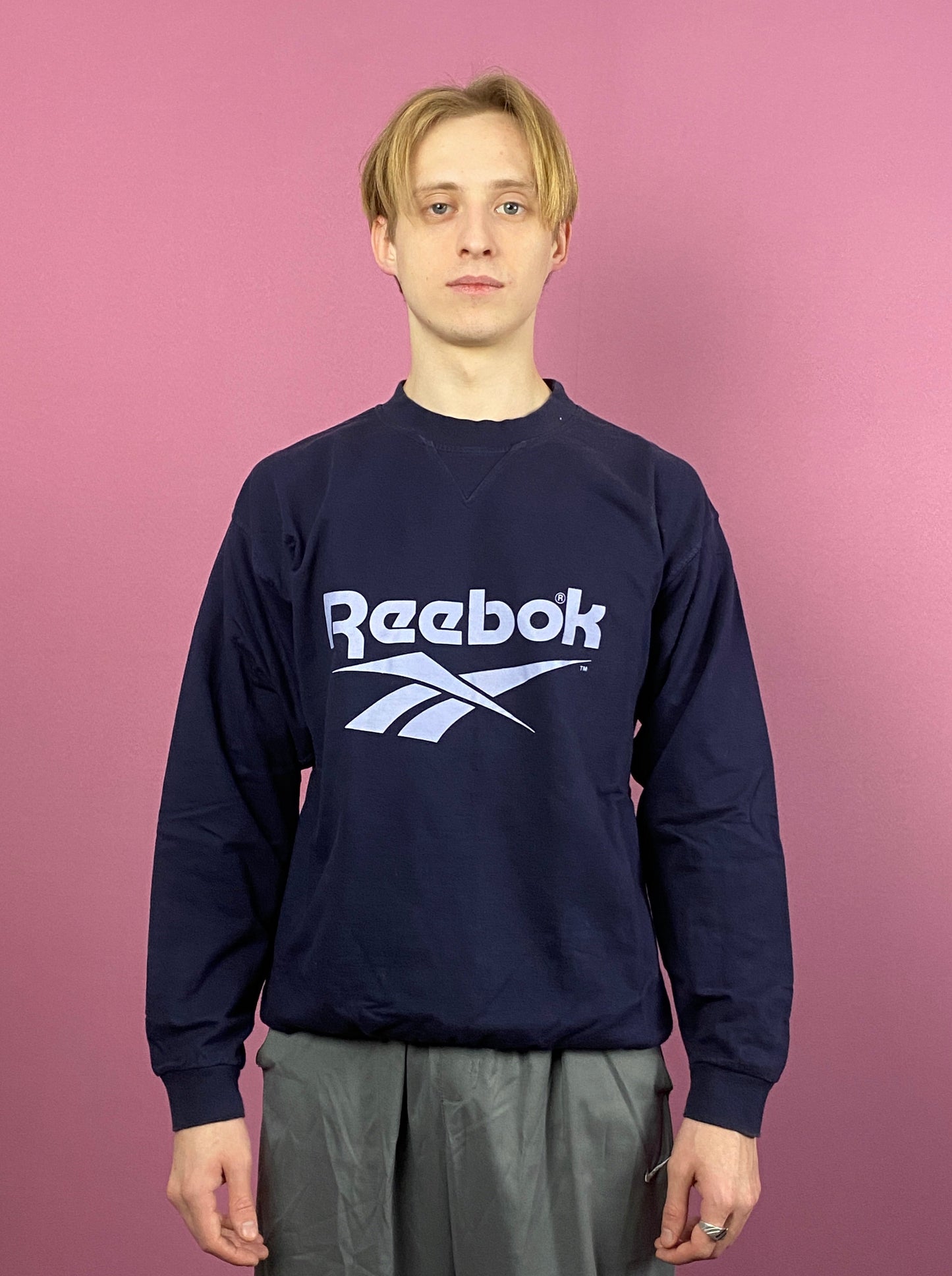 90s Reebok Big Logo Vintage Men's Sweatshirt - M Navy Blue Cotton