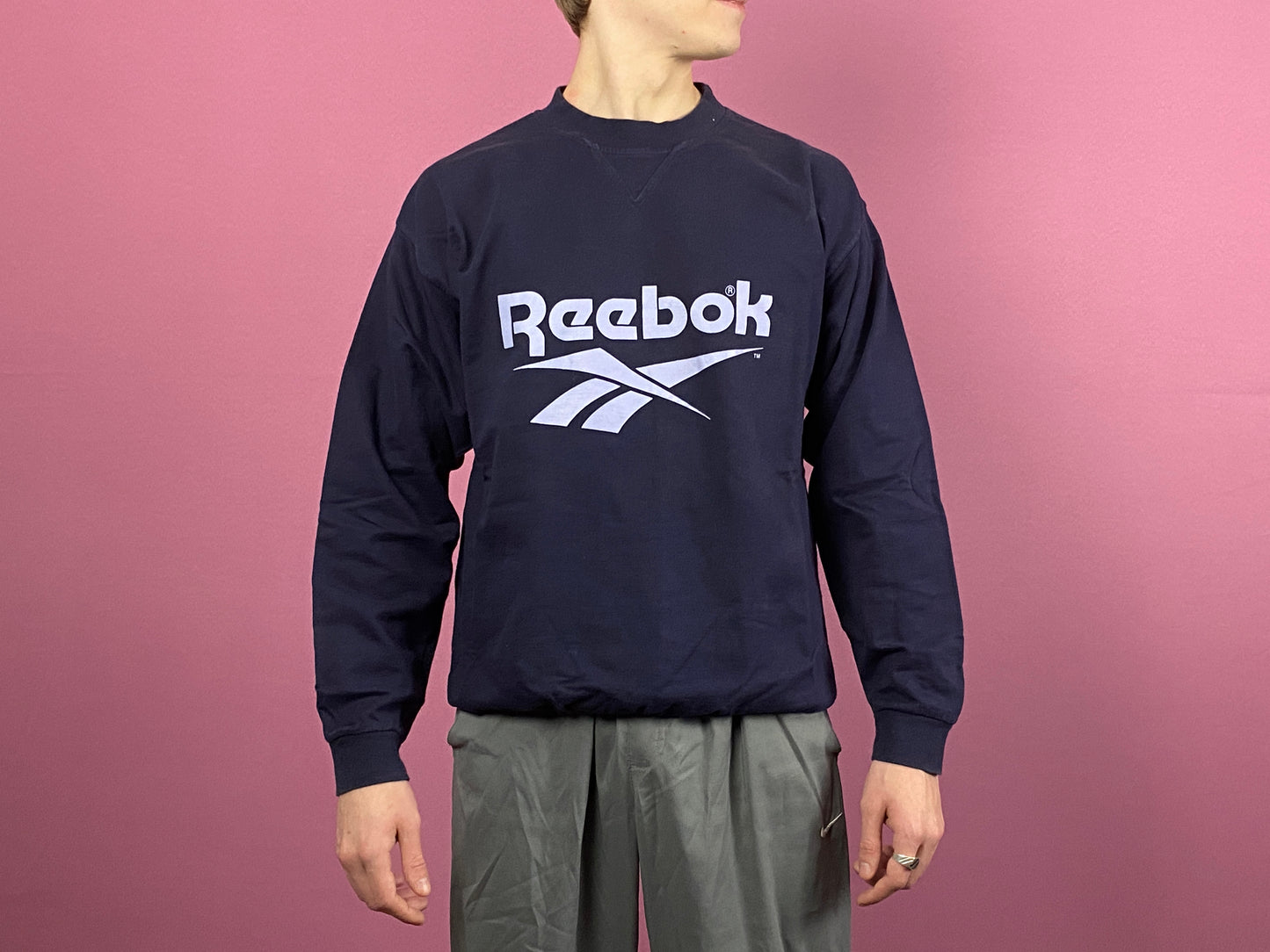 90s Reebok Big Logo Vintage Men's Sweatshirt - M Navy Blue Cotton