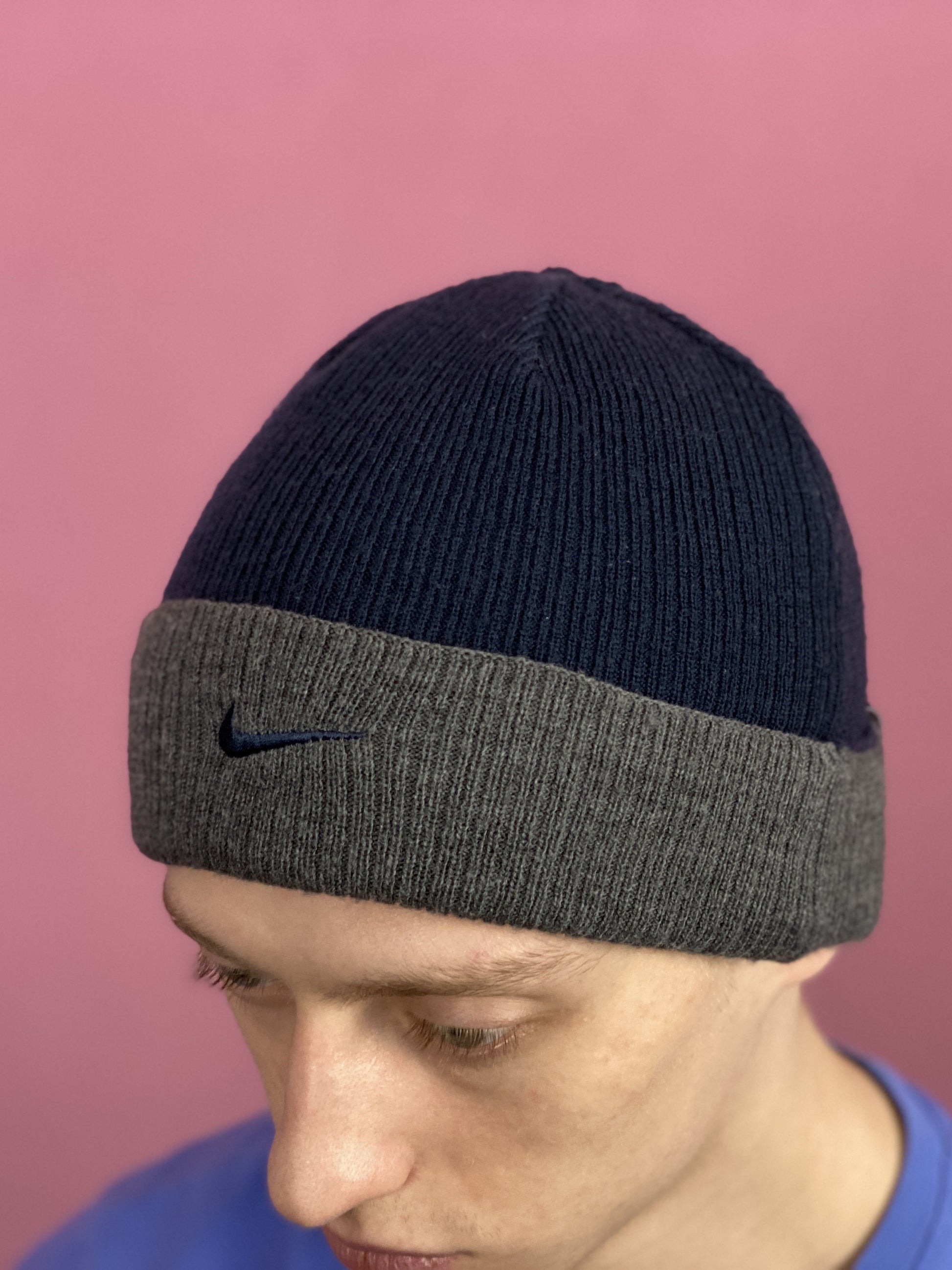 Nike Vintage Reversible Beanie Hat - Navy Blue & Gray Acrylic