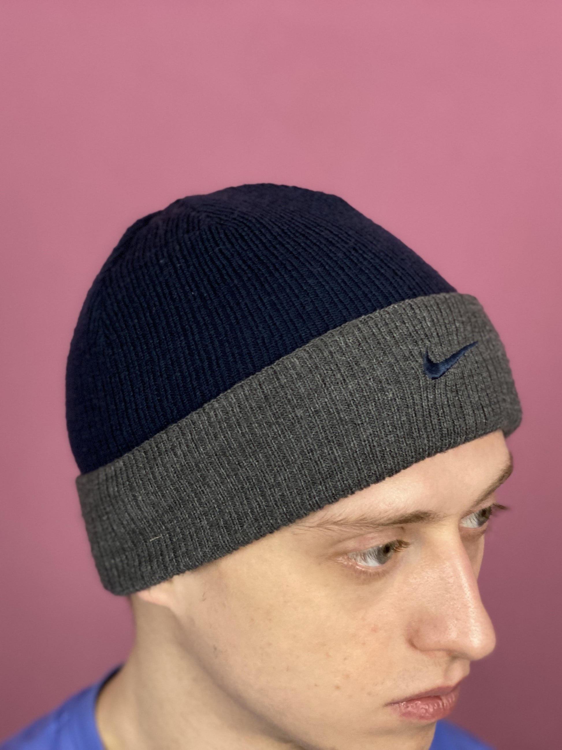 Nike Vintage Reversible Beanie Hat - Navy Blue & Gray Acrylic