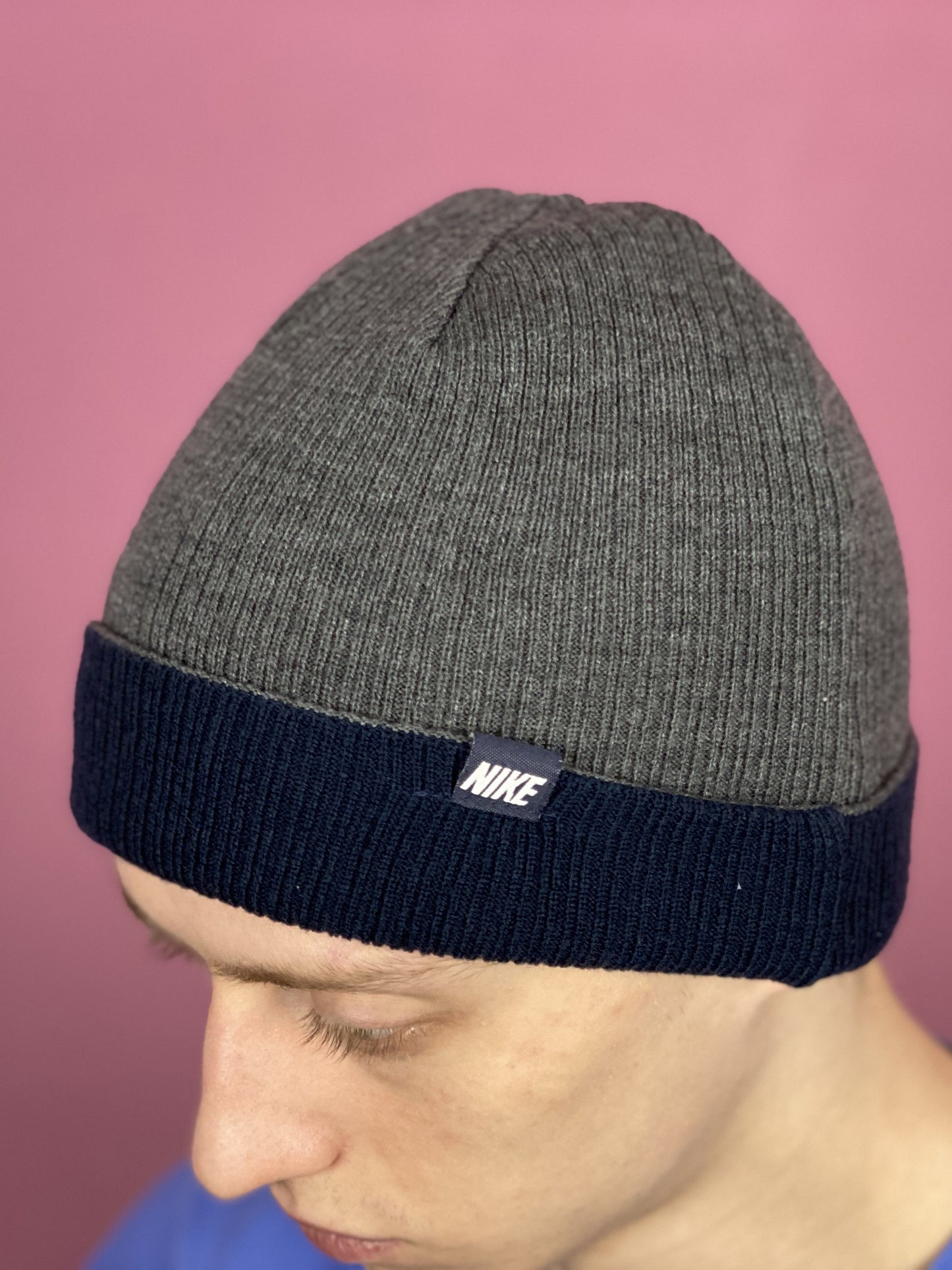 Nike Vintage Reversible Beanie Hat - Navy Blue & Gray Acrylic