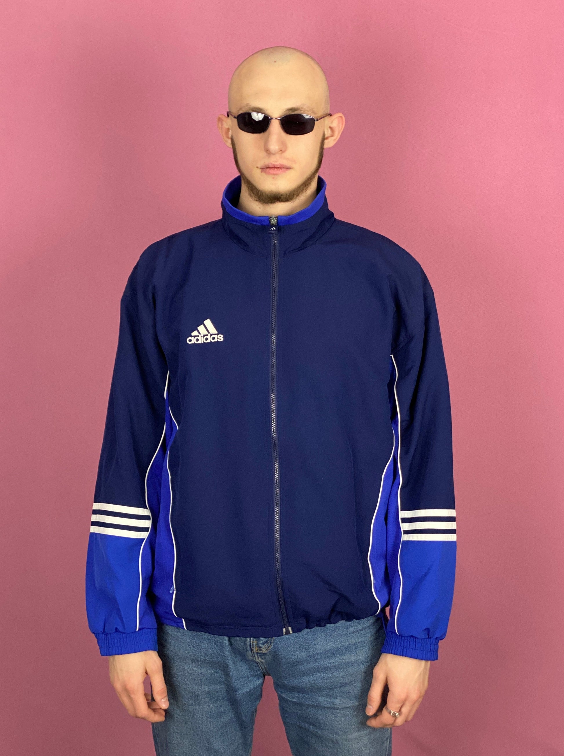 90s Adidas Vintage Men's Windbreaker Jacket - M Navy Blue Polyester