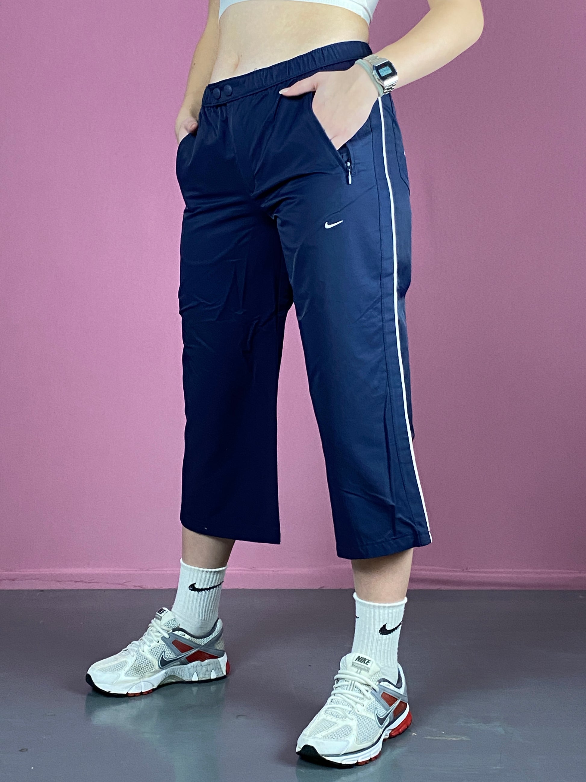 Nike Vintage Women's Capri Pants - Small Navy Blue Cotton Blend