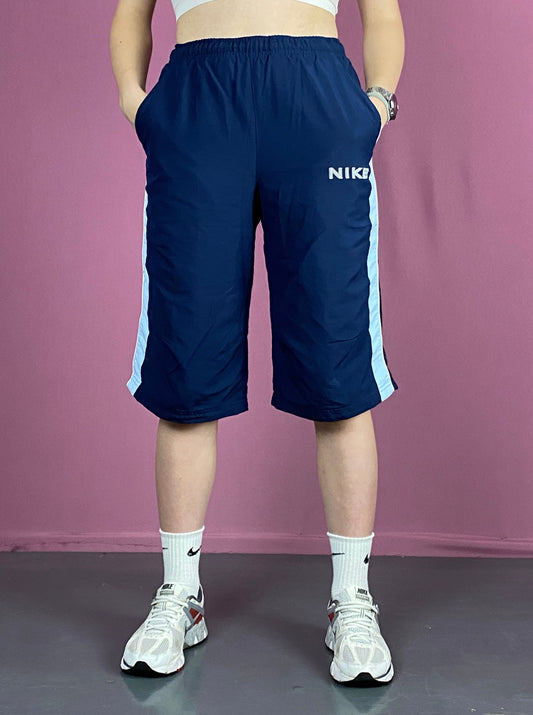 Nike Vintage Women's Long Sport Shorts - 13-15Y Navy Blue Polyester