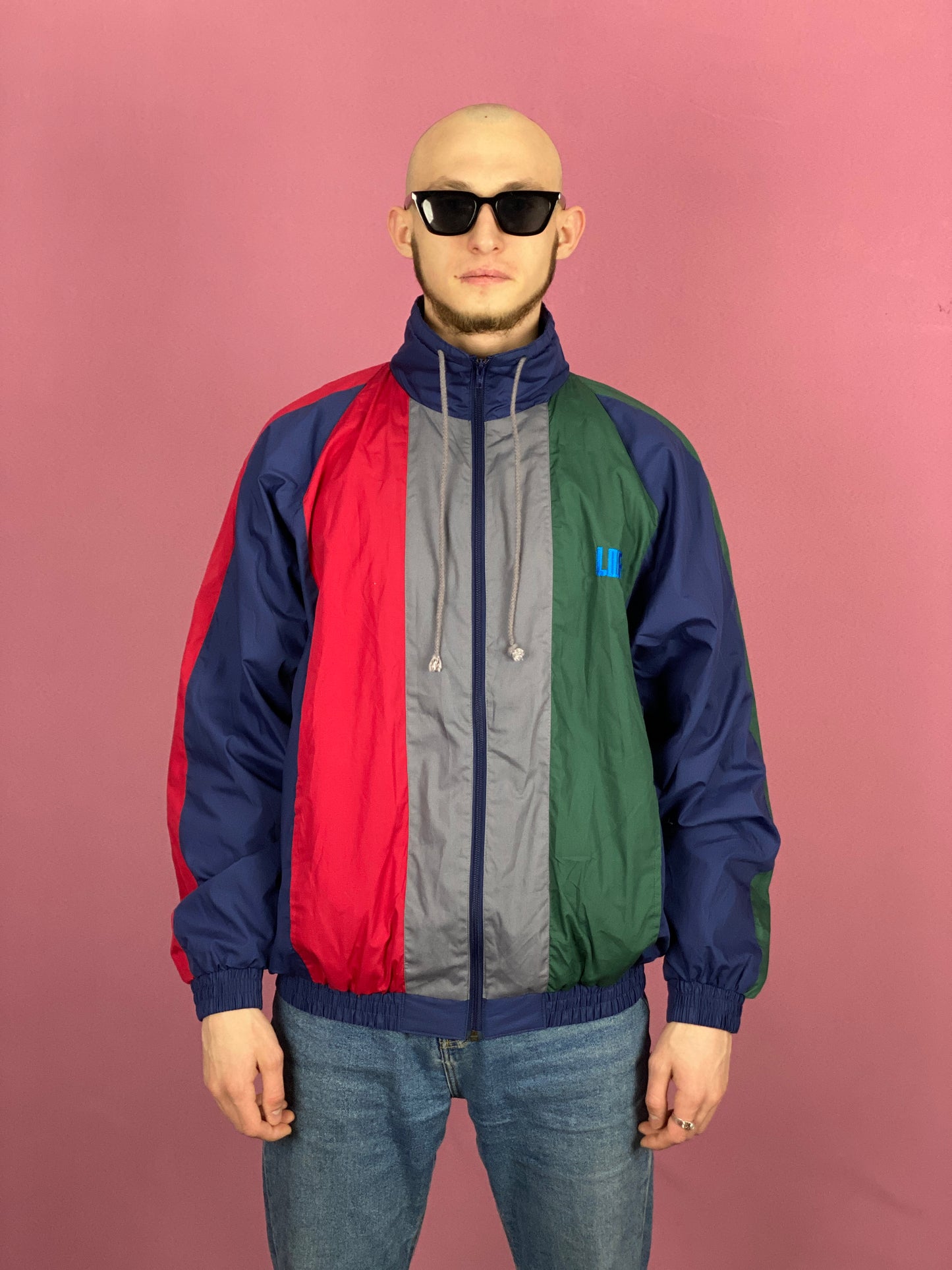 90s Vintage Men's Windbreaker Jacket - XL Multicolor Polyester Blend