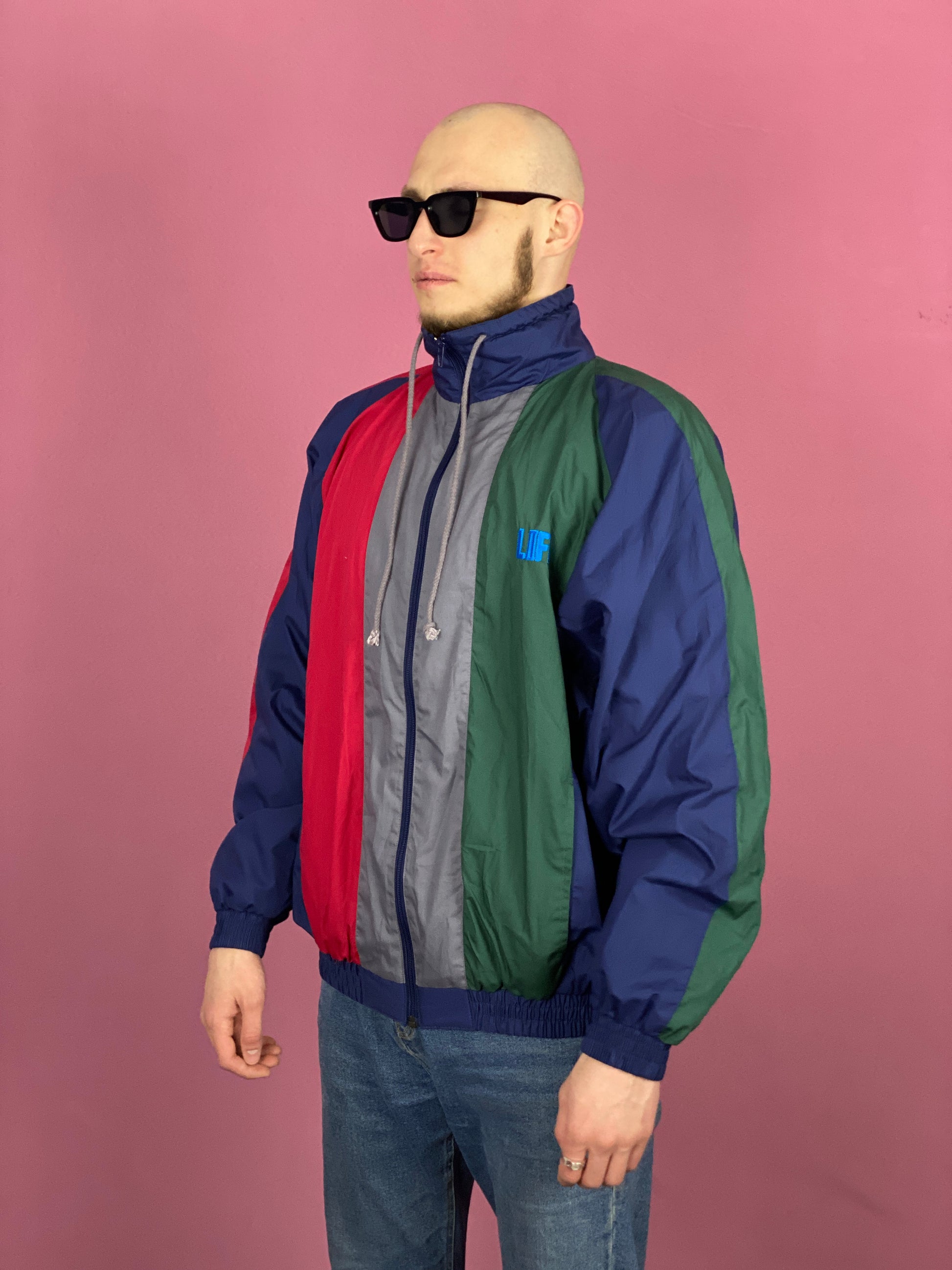 90s Vintage Men's Windbreaker Jacket - XL Multicolor Polyester Blend