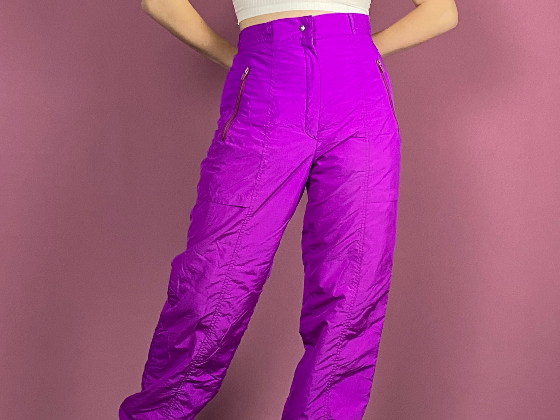 90s Vintage Women's Ski Pants - M Purple Nylon