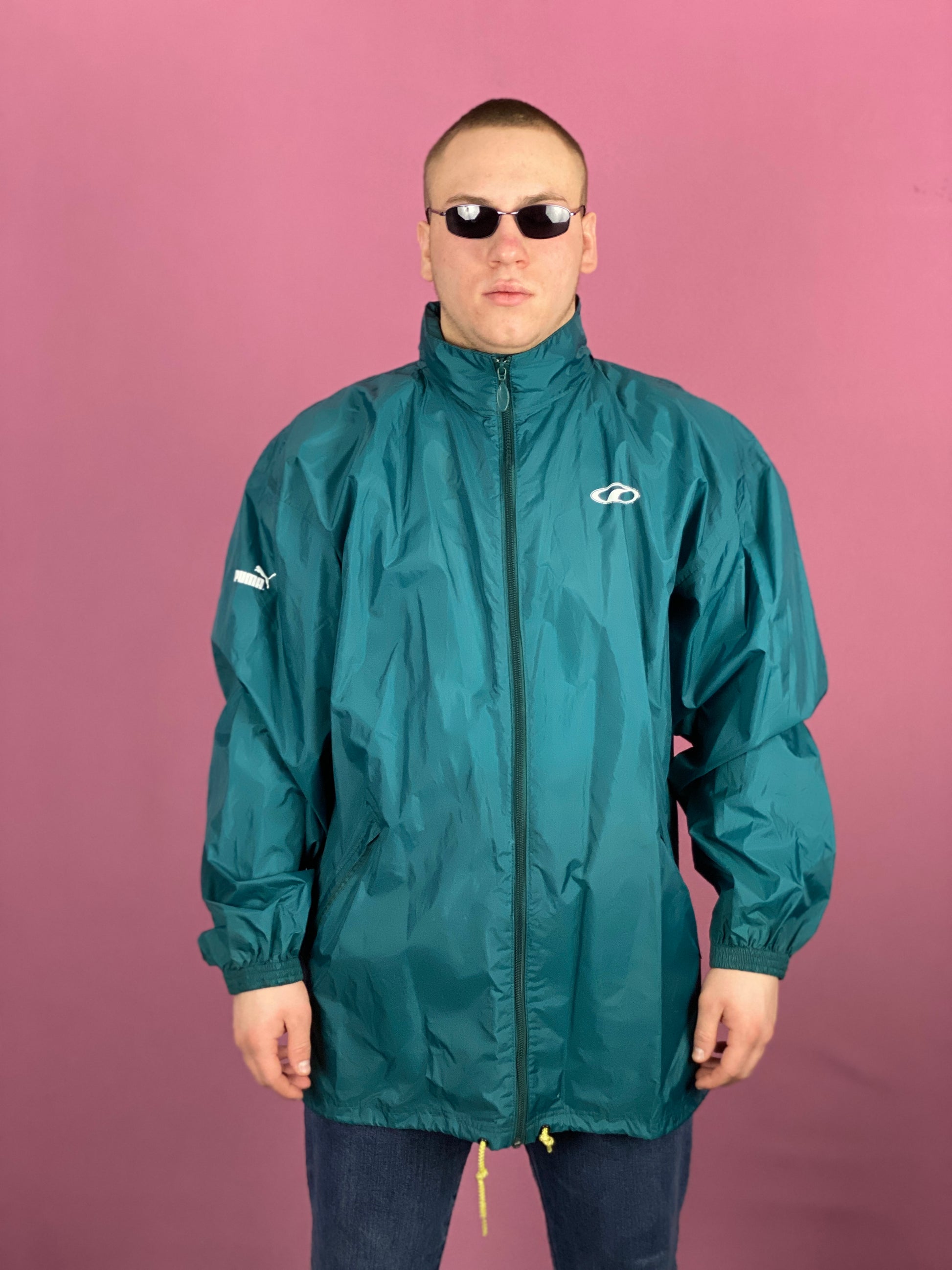 80s Puma Vintage Men's Rain Jacket - Large Green Nylon