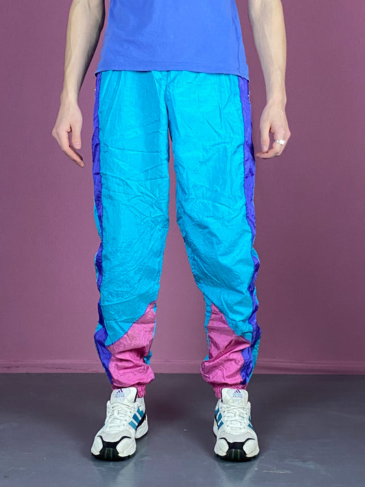 90s Vintage Men's Color Block Track Pants - S Blue Nylon