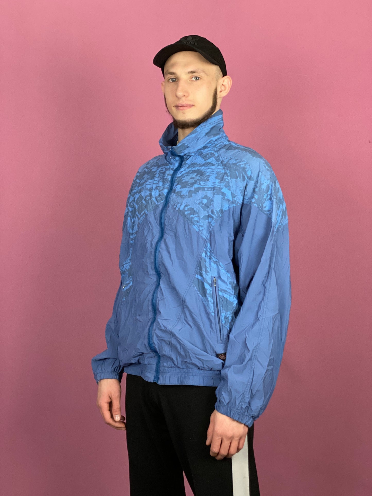 90s Vintage Men's Windbreaker Jacket - Large Blue Nylon