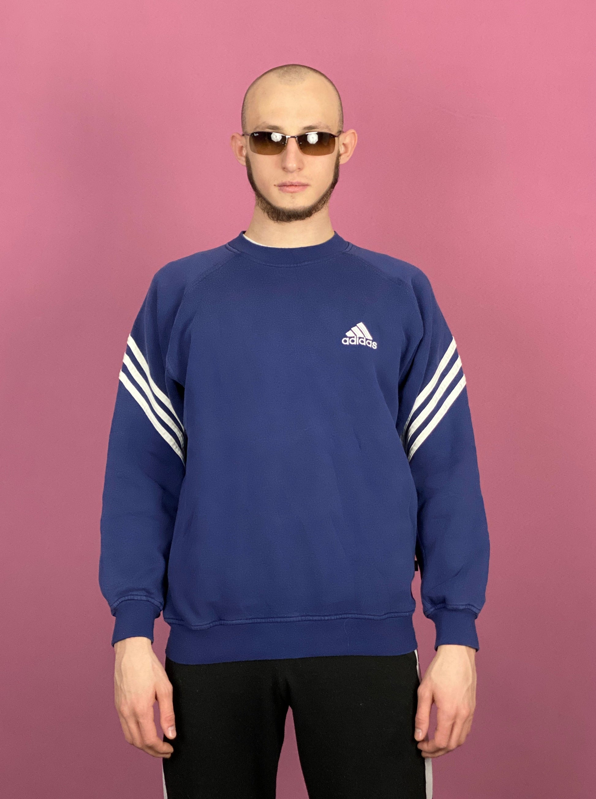 90s Adidas Vintage Men's Sweatshirt - Medium Navy Blue Cotton Blend