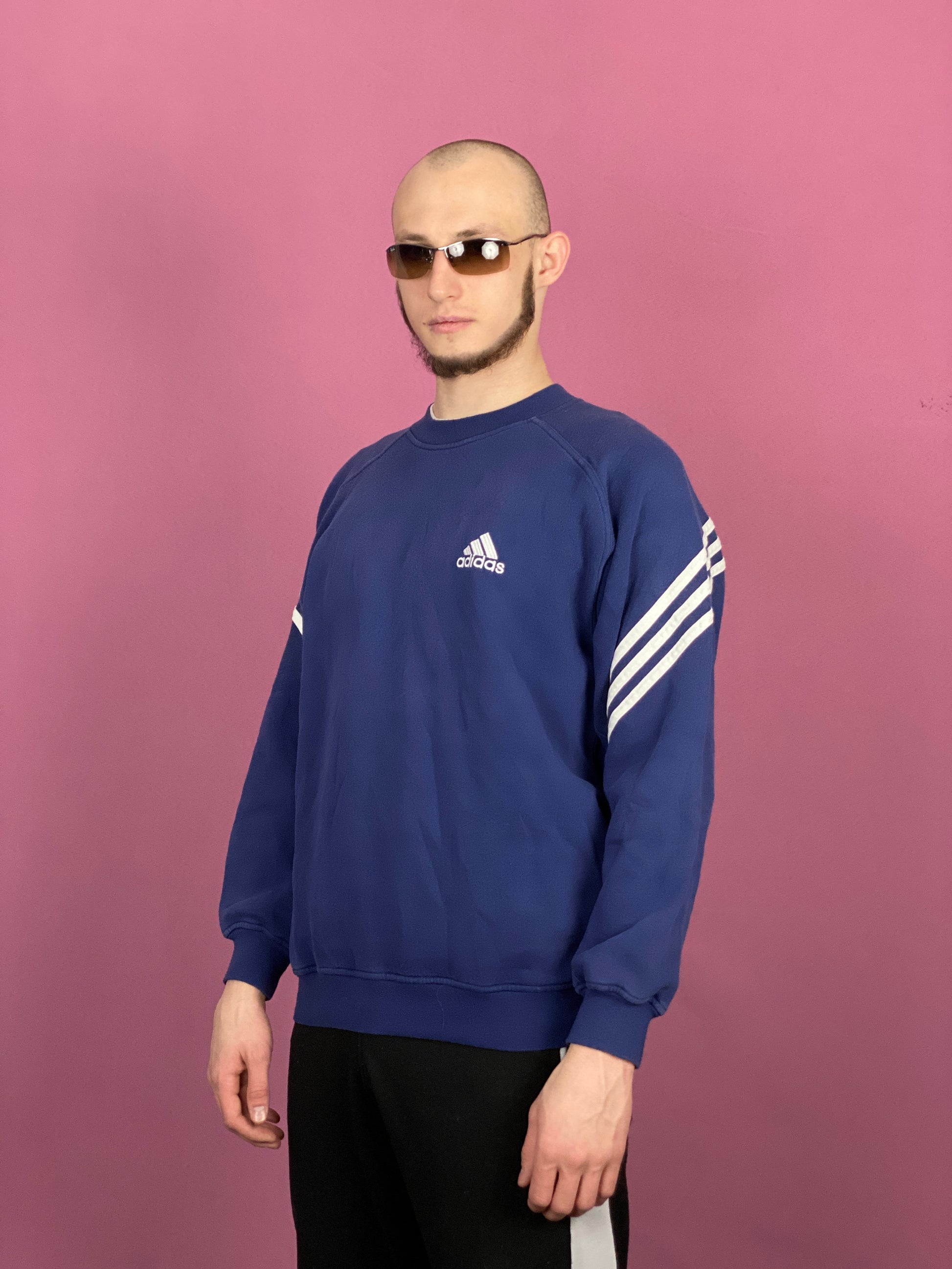 90s Adidas Vintage Men's Sweatshirt - Medium Navy Blue Cotton Blend