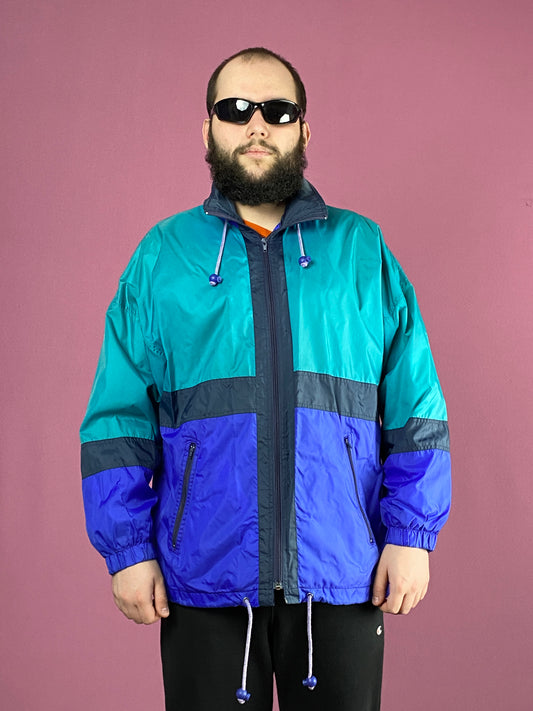 90s Vintage Men's Rain Jacket - Medium Blue & Purple Nylon Pvc