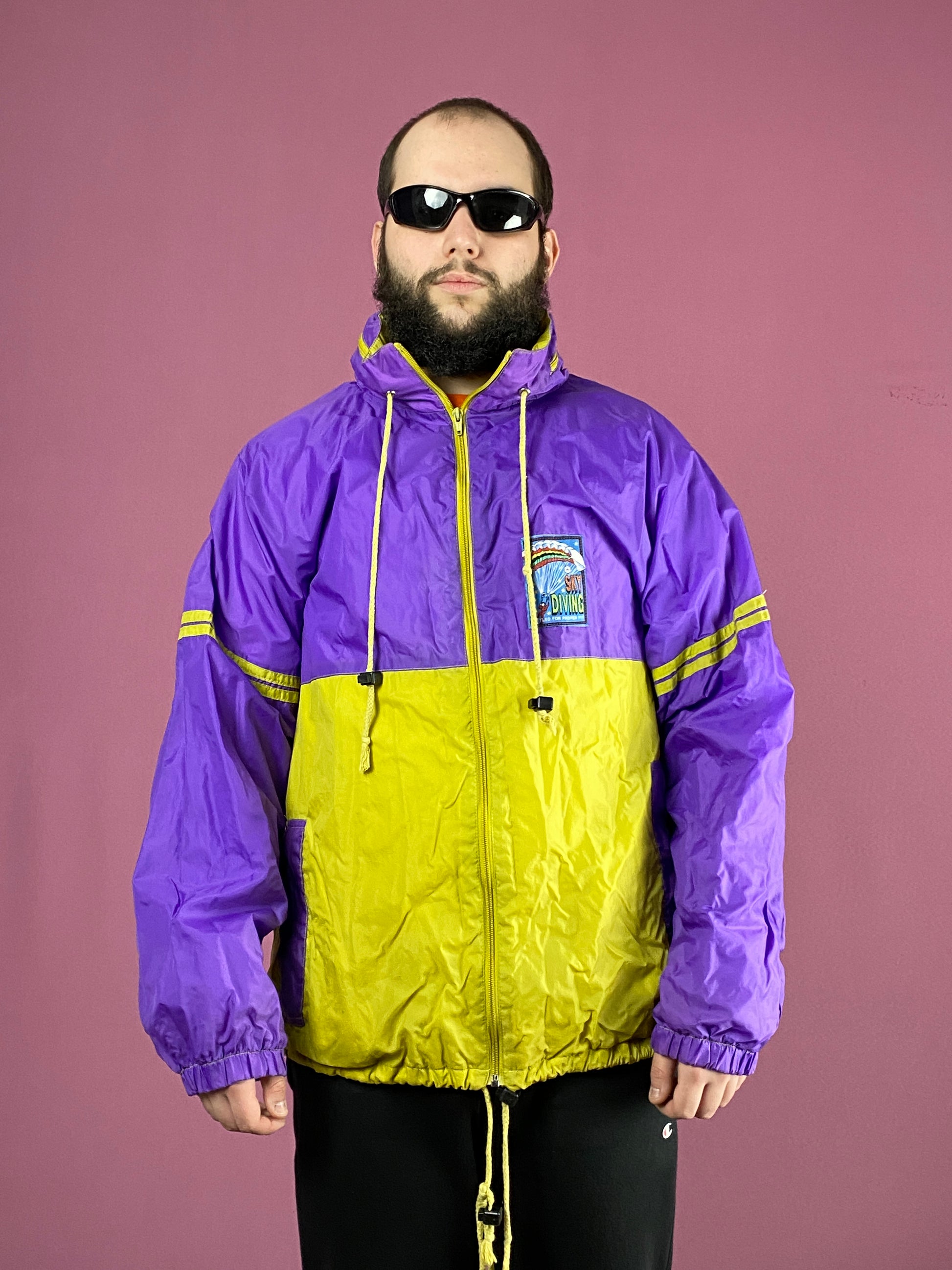 Vintage Men's Rain Jacket - Large Purple & Yellow Nylon