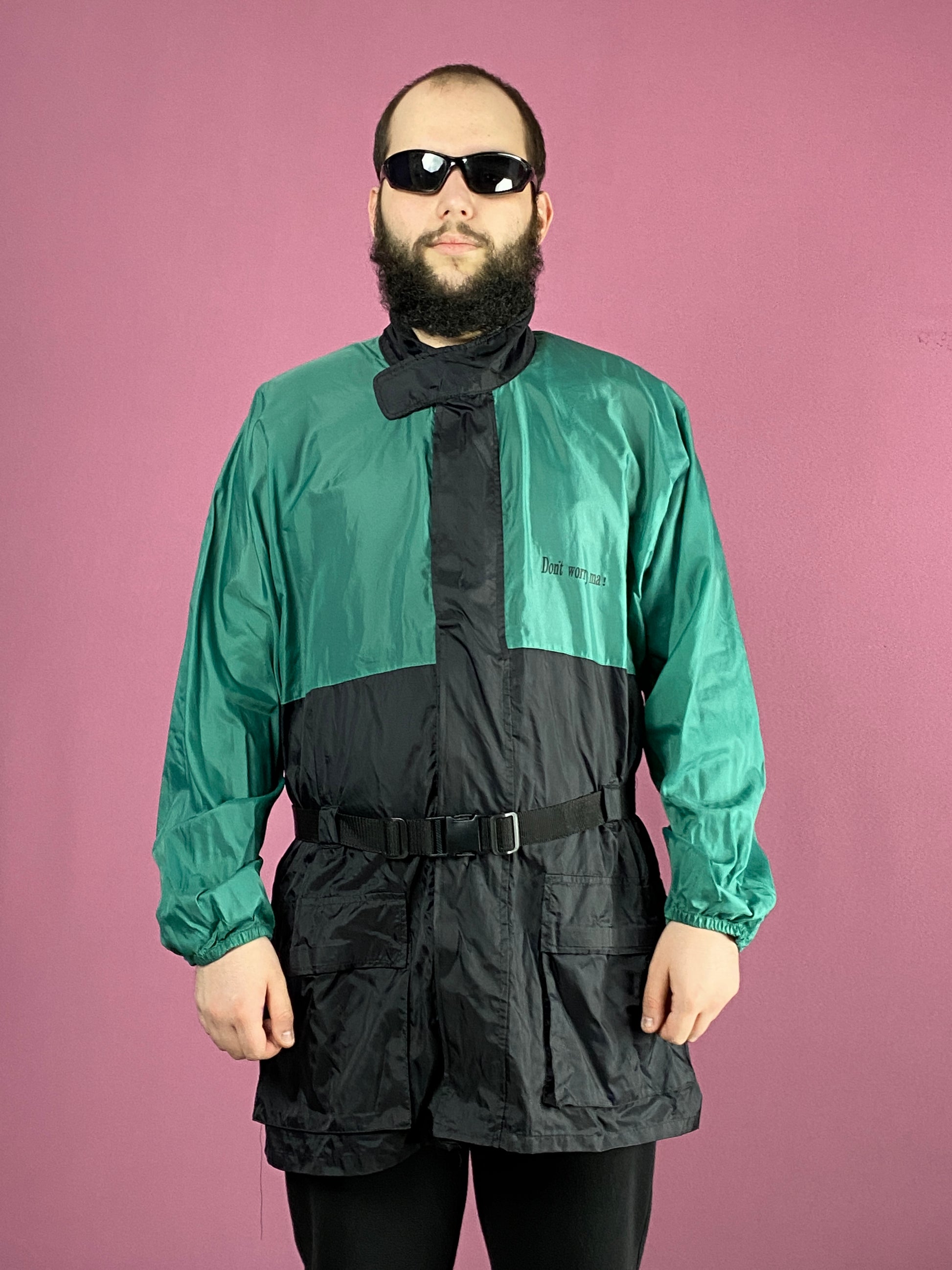 Vintage Men's Raincoat - Large Black & Green Nylon
