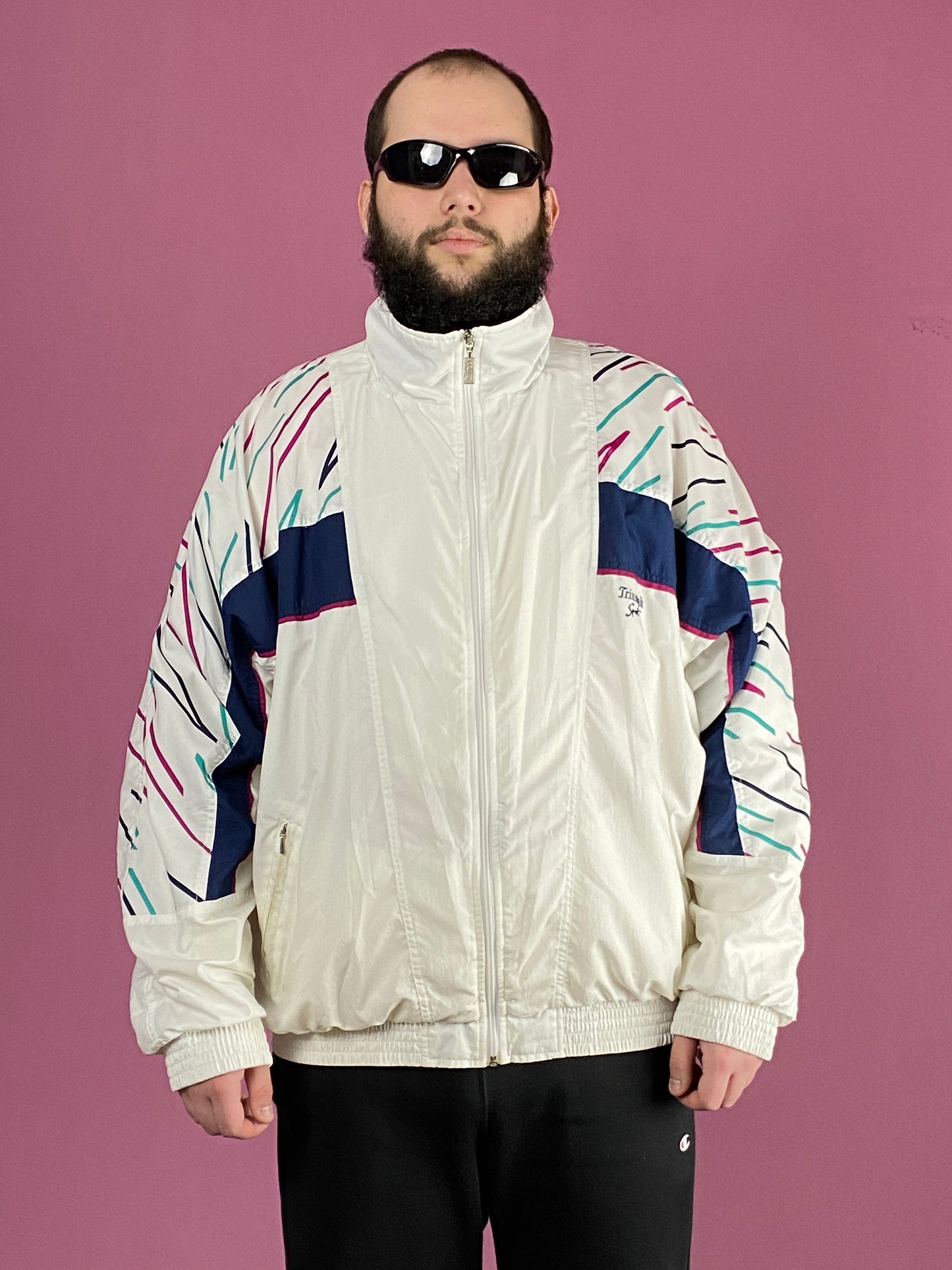 90s Vintage Men's Windbreaker Jacket - XL White Polyester