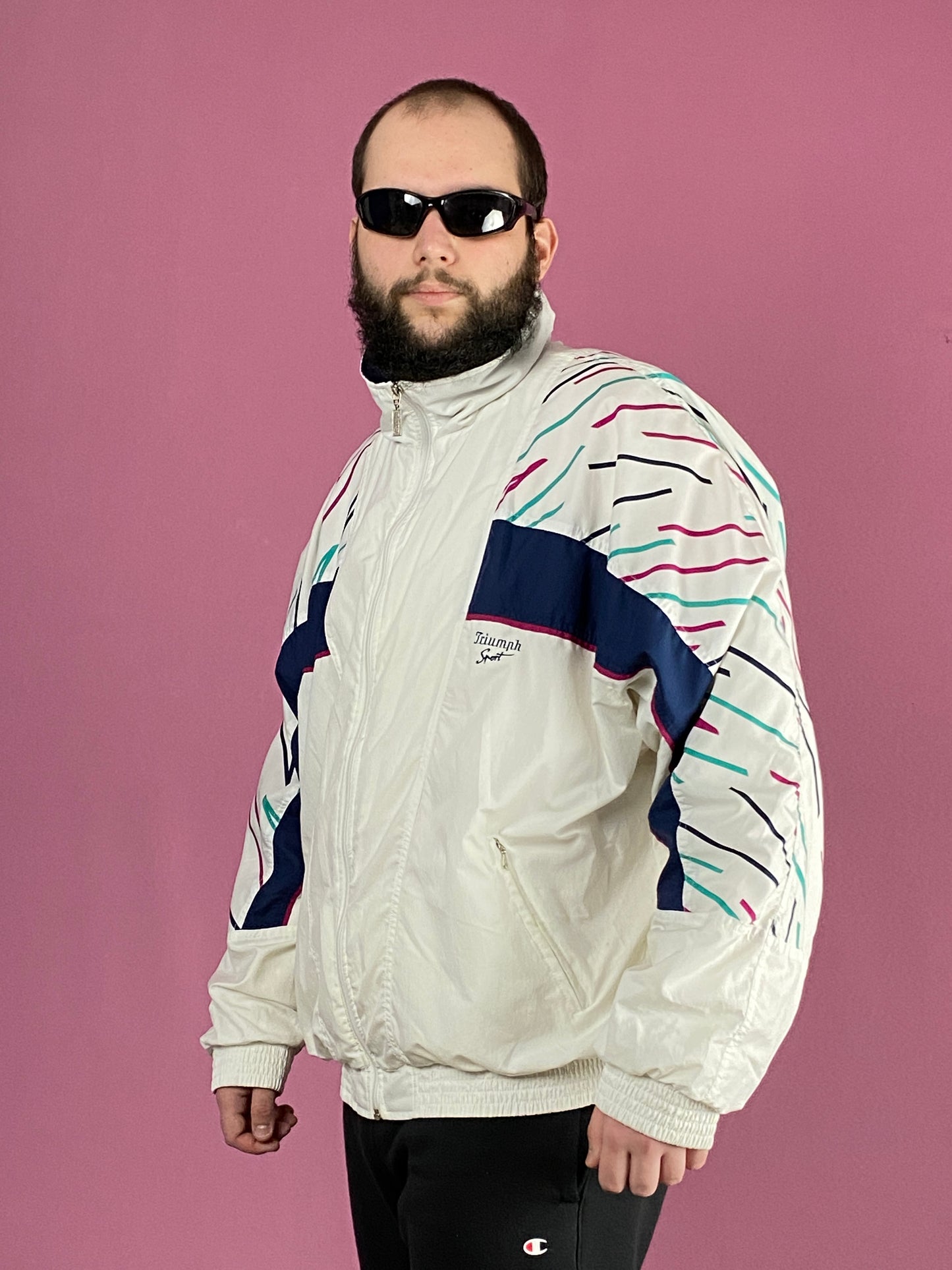 90s Vintage Men's Windbreaker Jacket - XL White Polyester