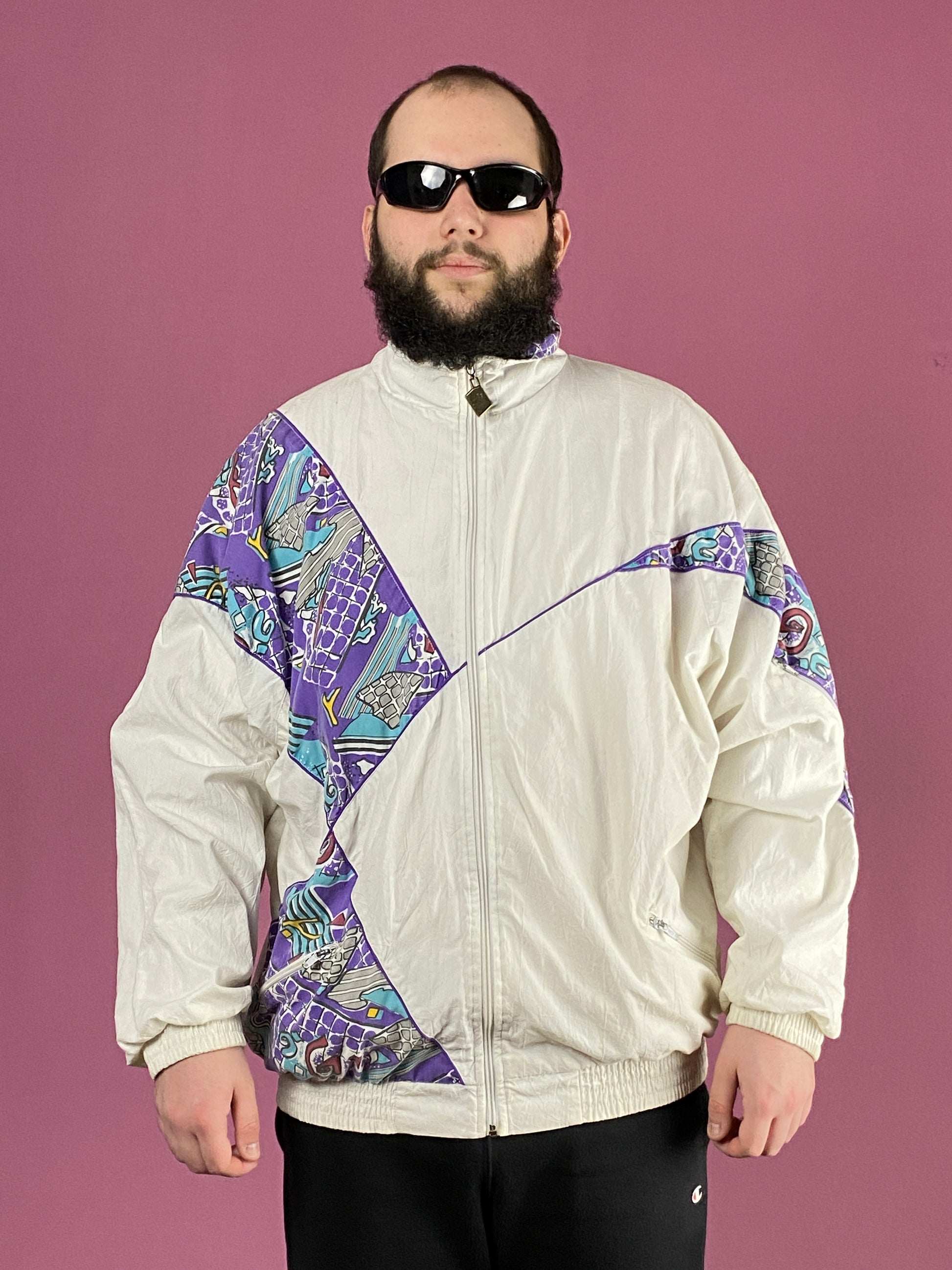 90s Van Hemert Vintage Men's Windbreaker Jacket - XL White Cotton