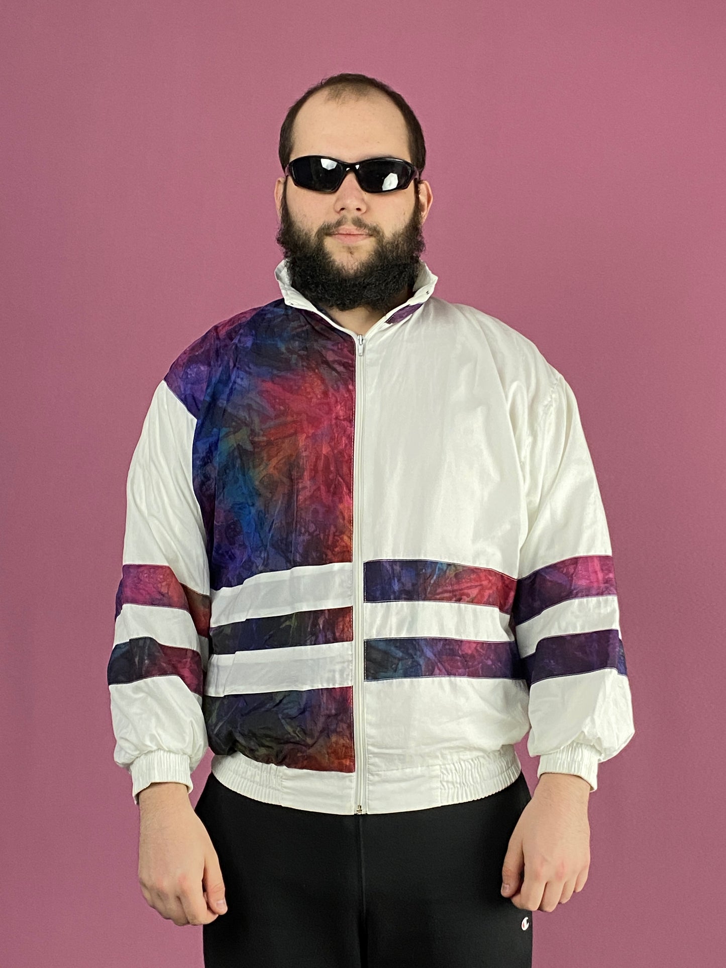 90s Vintage Men's Windbreaker Jacket - Medium White Polyester