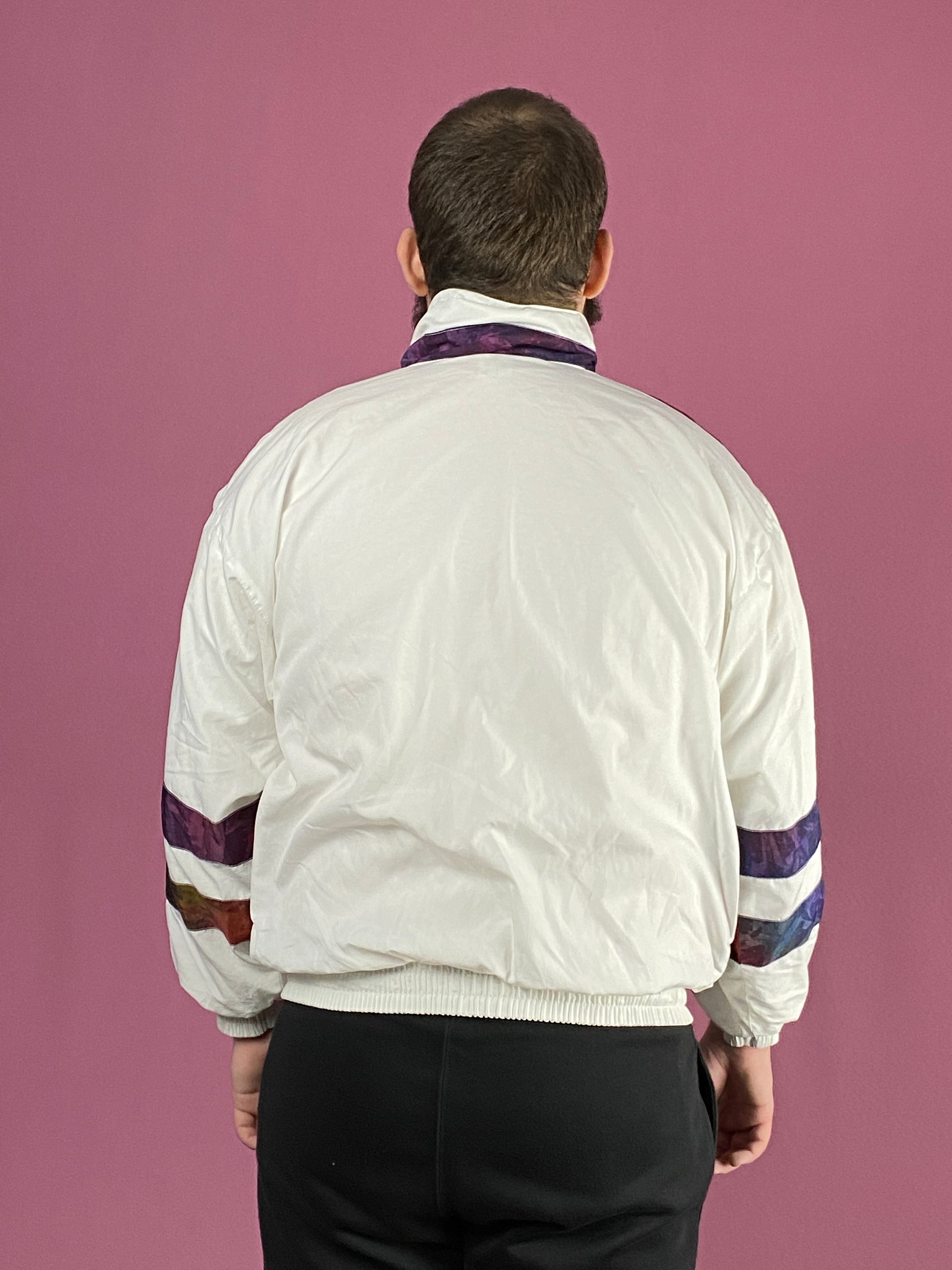 90s Vintage Men's Windbreaker Jacket - Medium White Polyester