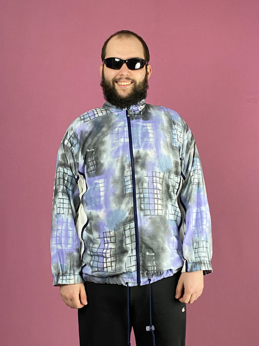 90s Vintaeg Men's Abstract Windbreaker Jacket - Large Blue Cotton Blend