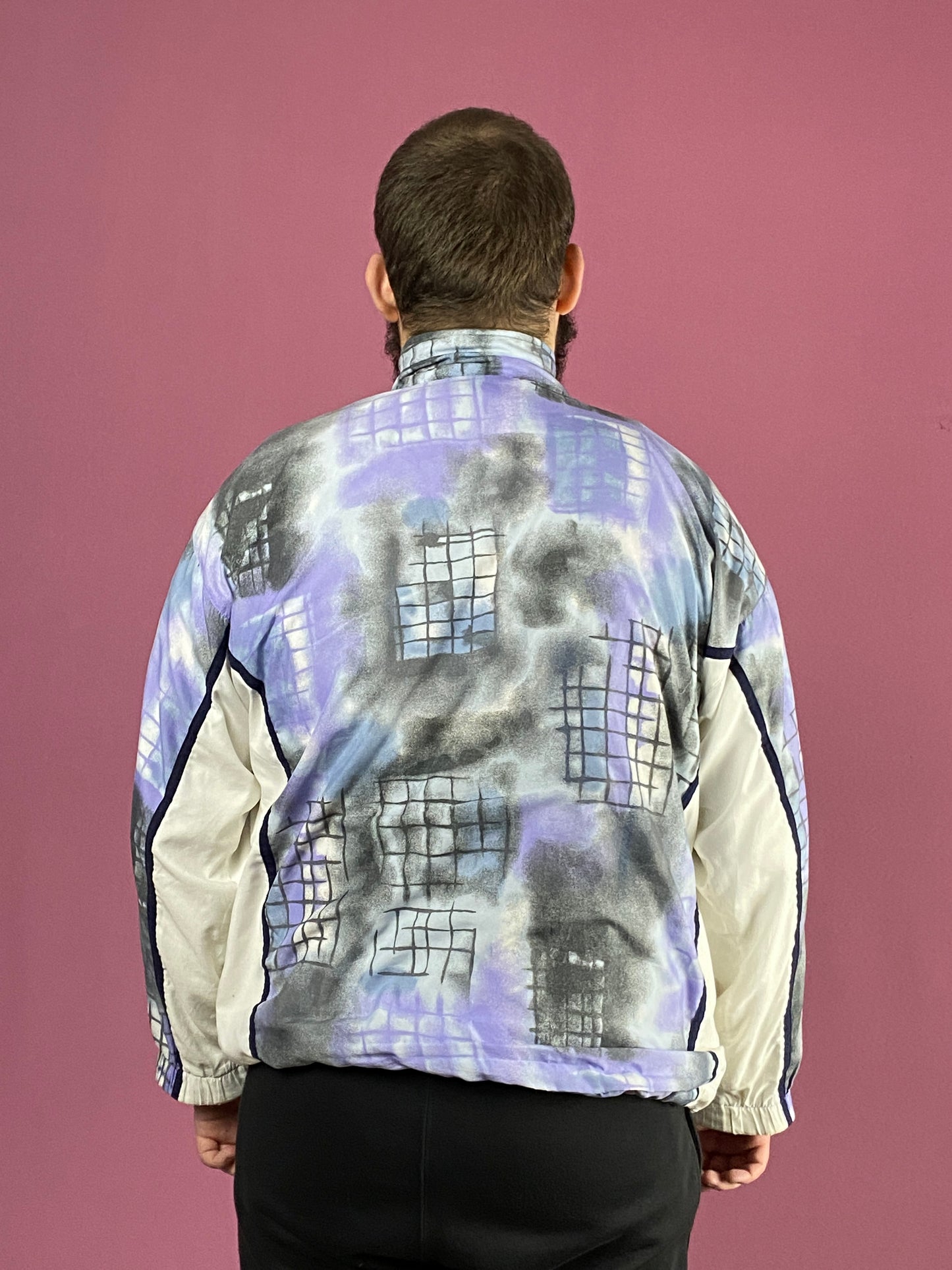 90s Vintaeg Men's Abstract Windbreaker Jacket - Large Blue Cotton Blend