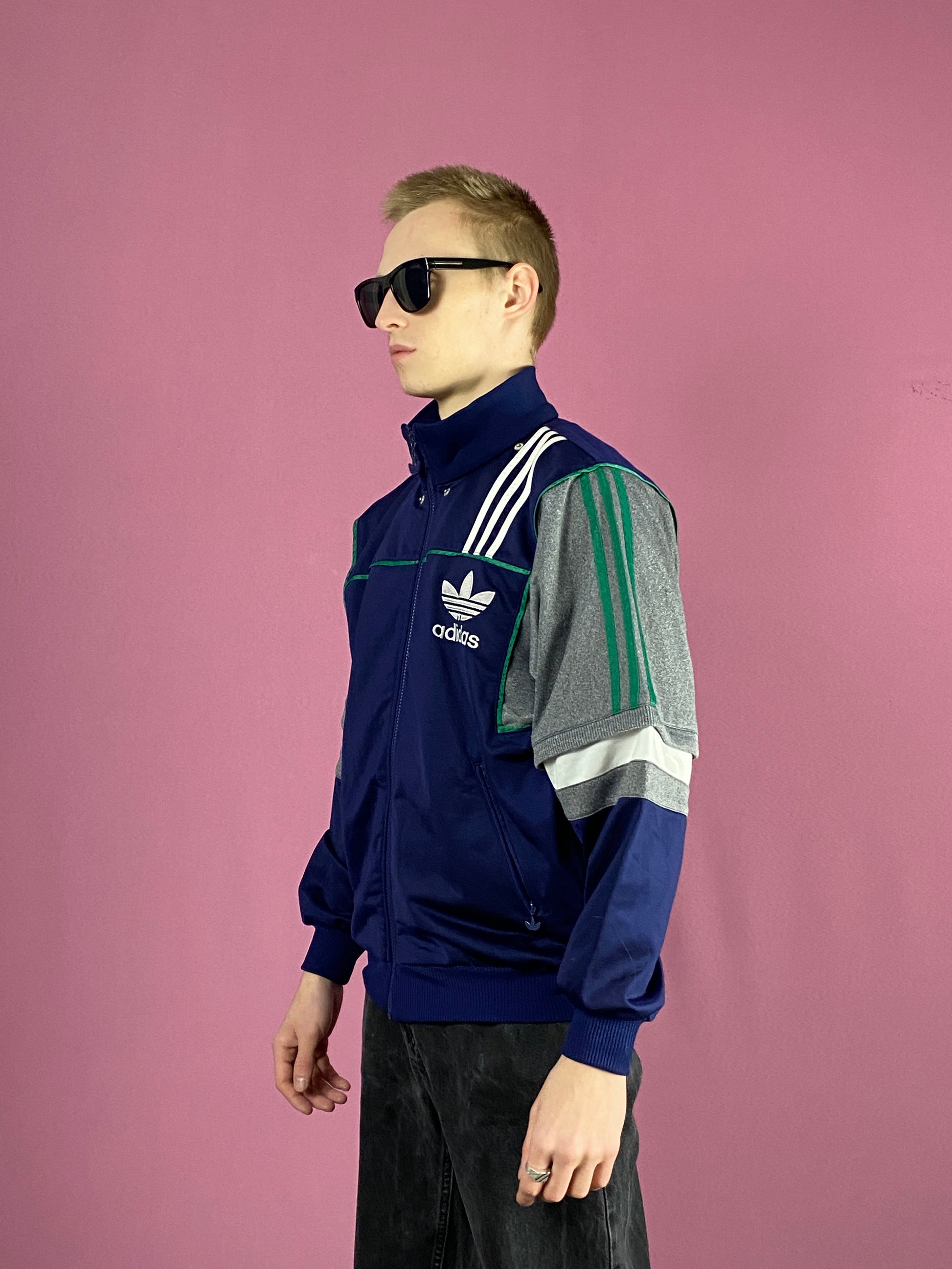 90s Adidas Vintage Men's Track Jacket - Small Navy Blue Polyester