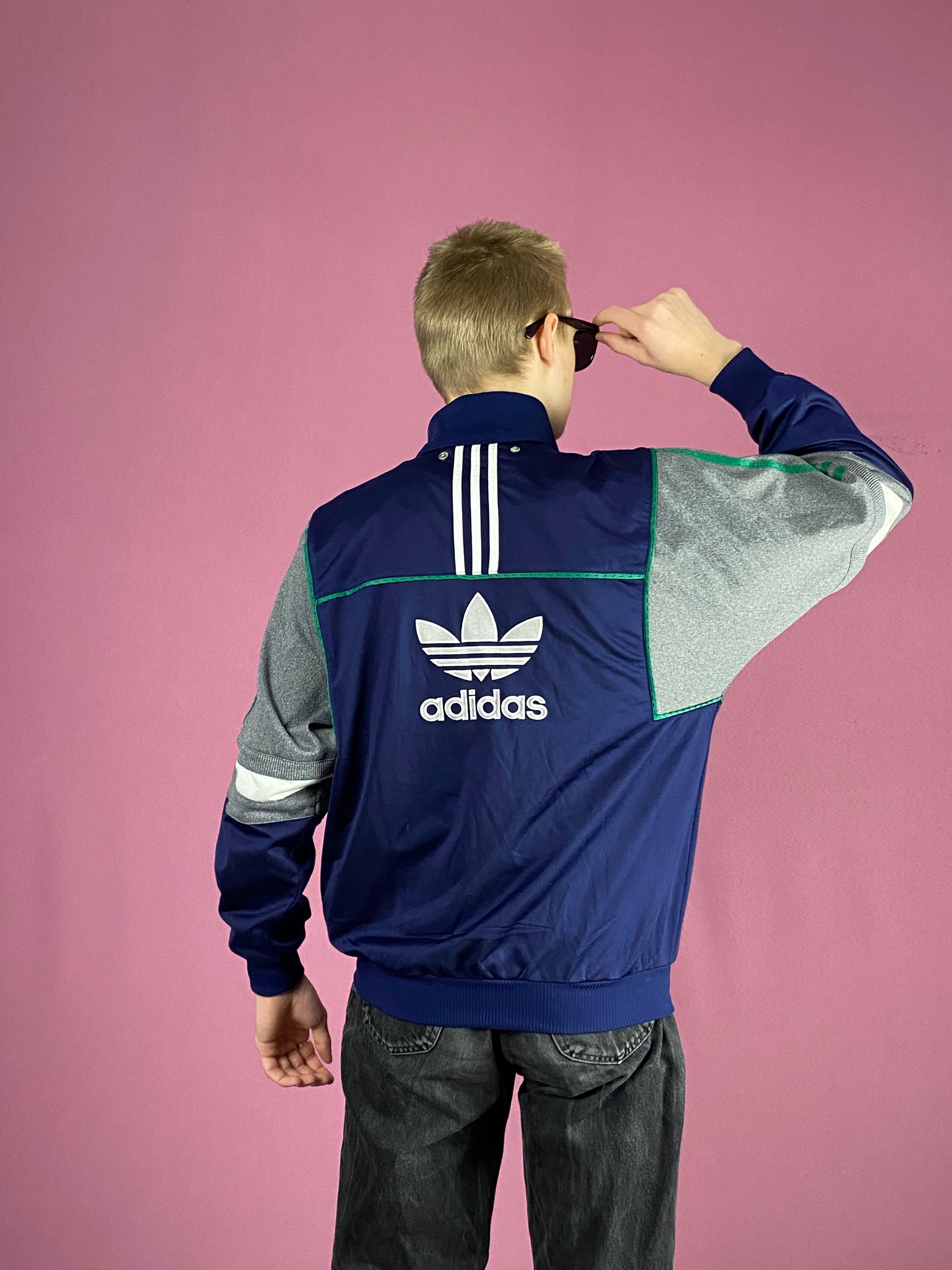 90s Adidas Vintage Men's Track Jacket - Small Navy Blue Polyester