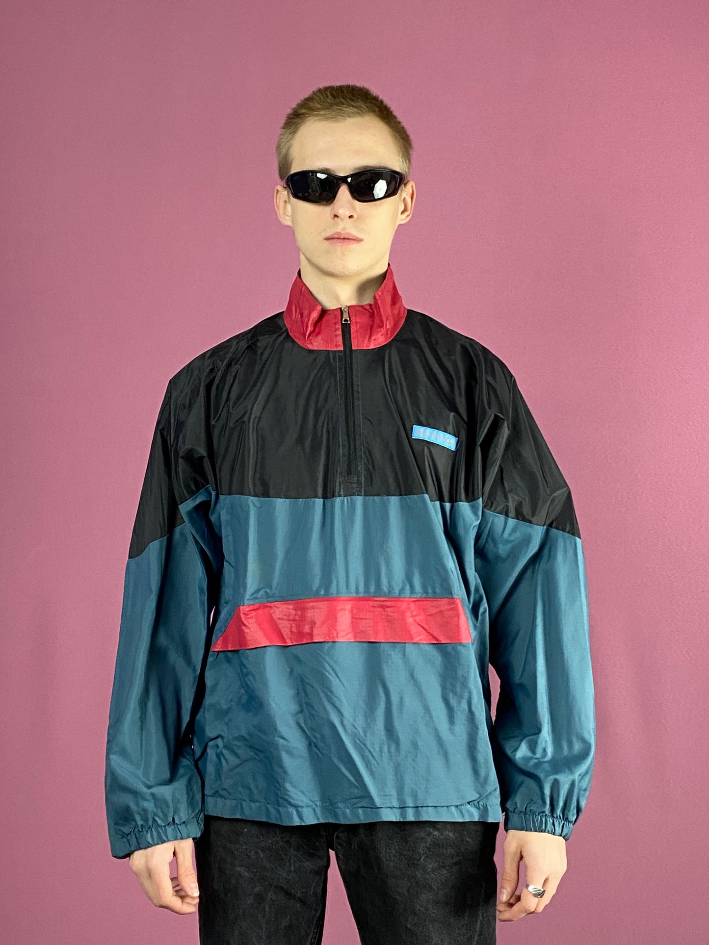 90s Vintage Men's Windbreaker Jacket - Medium Black & Blue Nylon