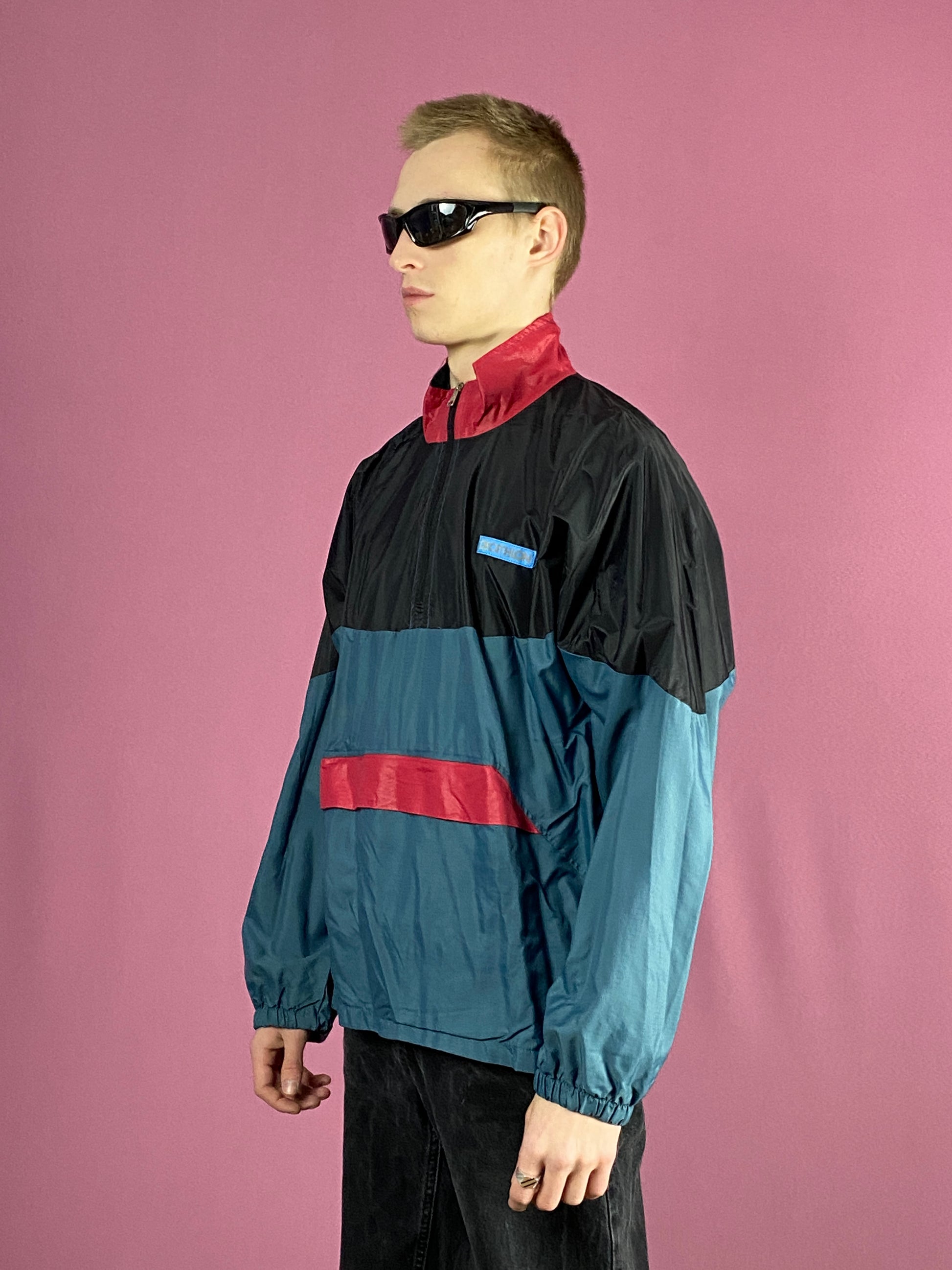 90s Vintage Men's Windbreaker Jacket - Medium Black & Blue Nylon