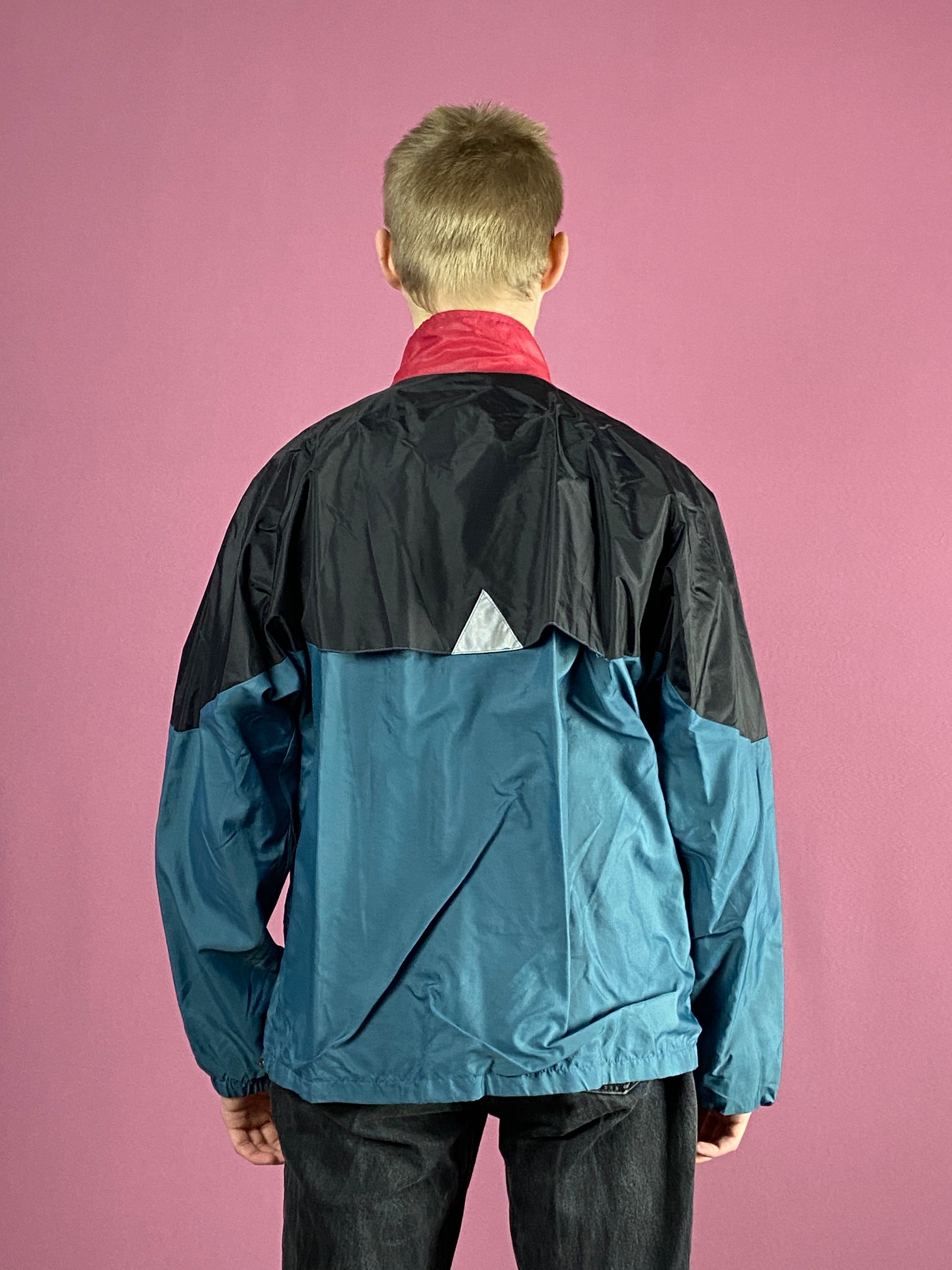 90s Vintage Men's Windbreaker Jacket - Medium Black & Blue Nylon